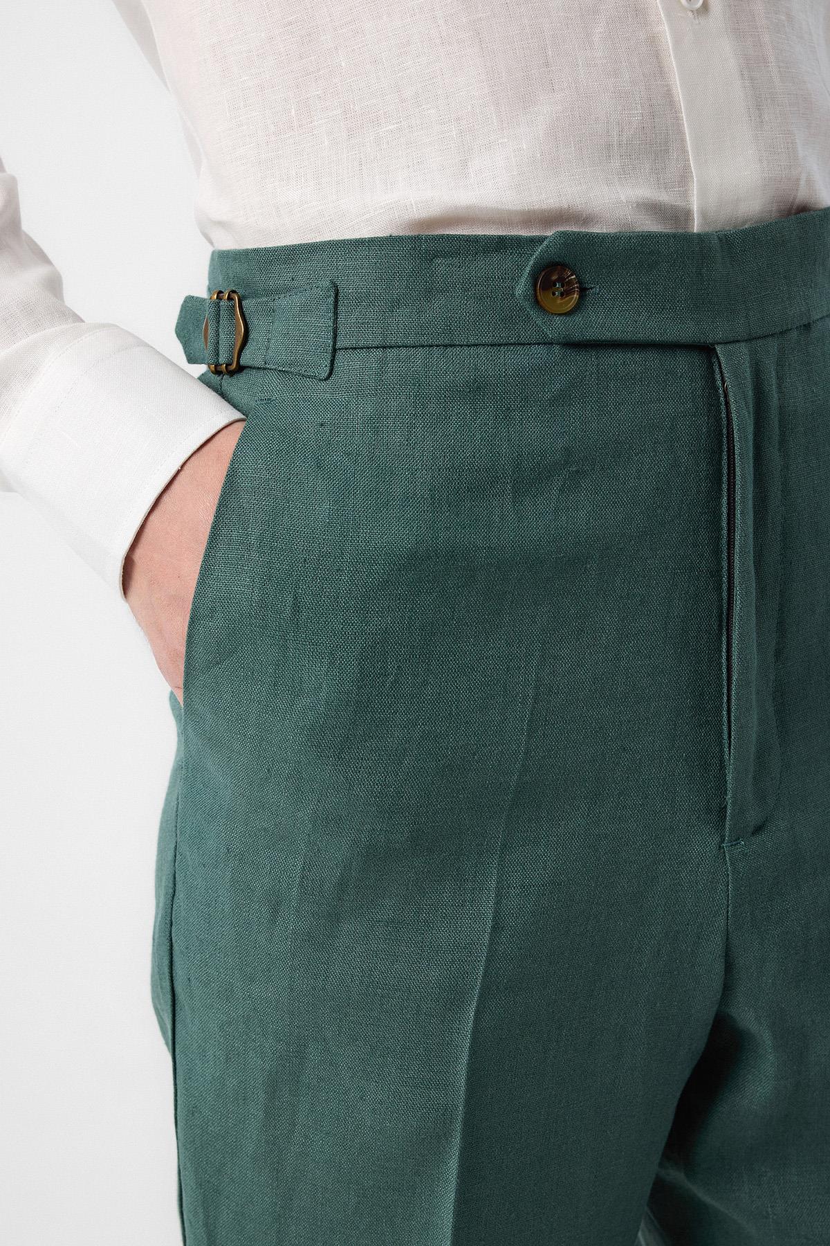 Antioch-Antioch Yeşil 100% Keten İtalyan Kesim Erkek Pantolon-Kumaş Pantolon-3-Milagron.com