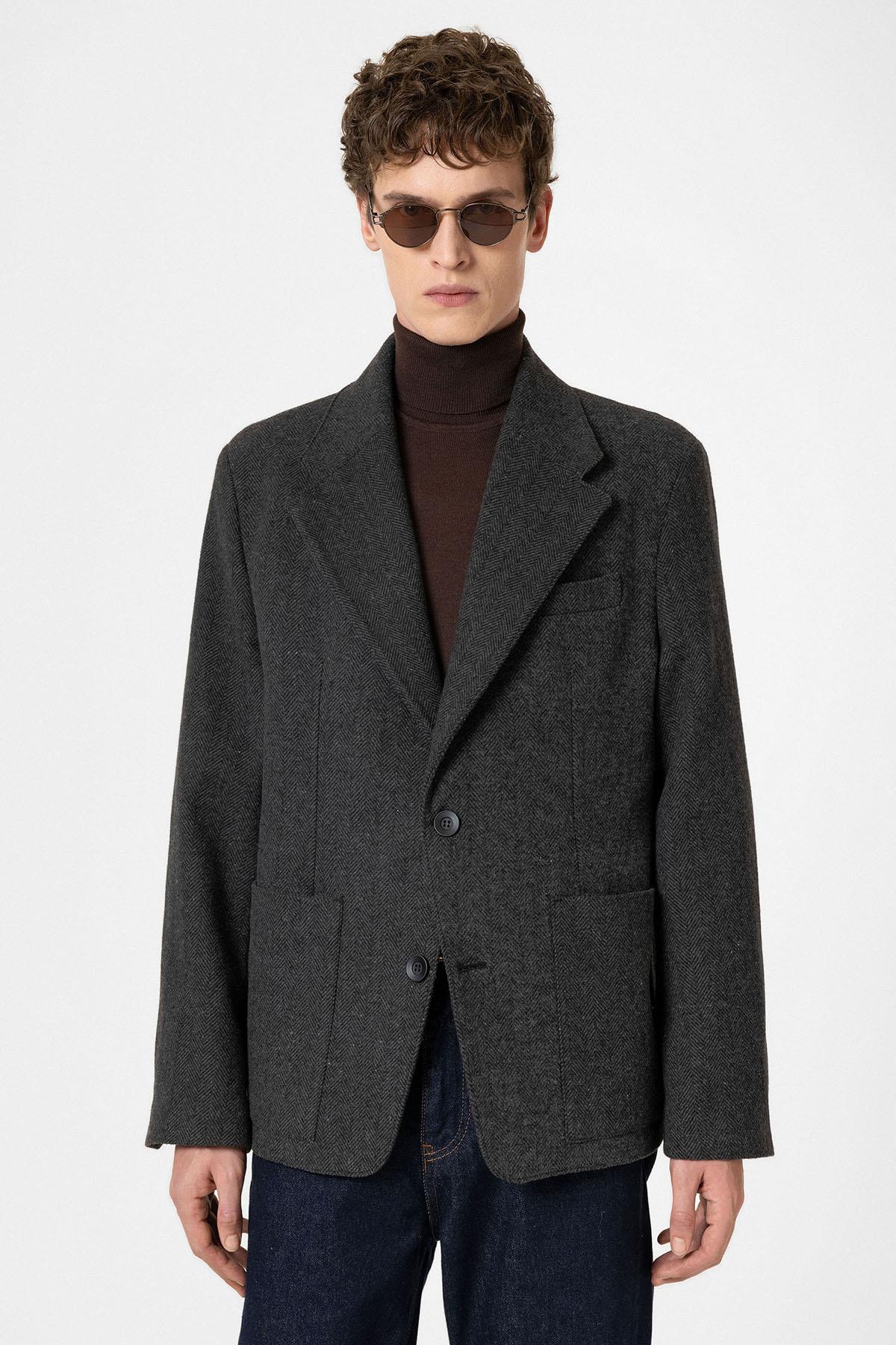 Antioch-Antrasit Balıksırtı Desenli Oversize Erkek Blazer Ceket-Ceket-3-Milagron.com