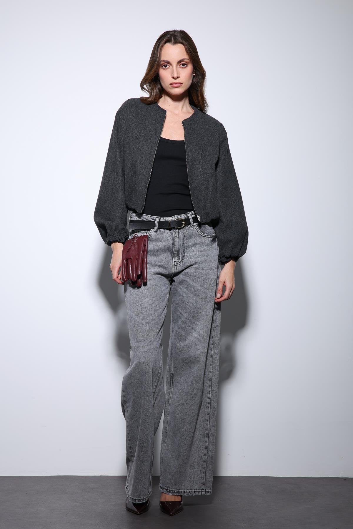 Antioch-Antrasit Bel Lastikli Crop Kadın Mont-Mont-1-Milagron.com