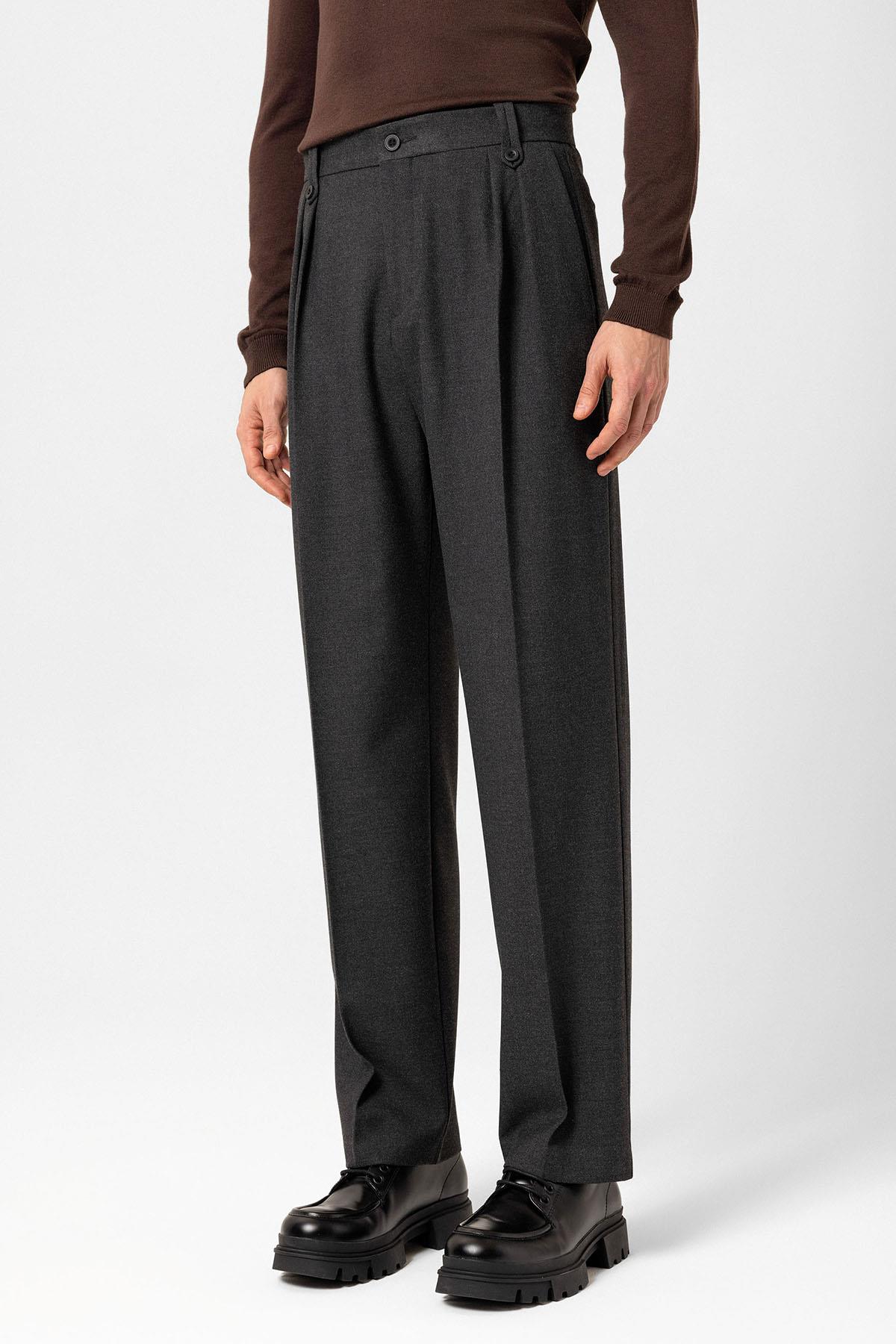 Antioch-Antrasit Çift Pileli Yüksek Bel Erkek Pantolon-Kumaş Pantolon-1-Milagron.com