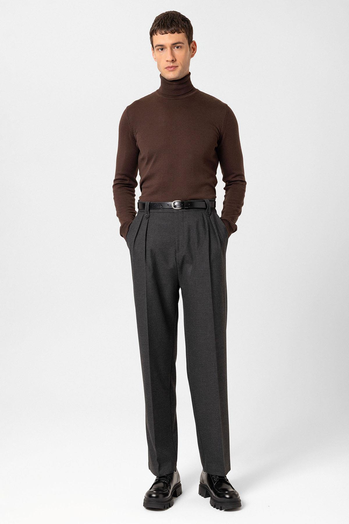 Antioch-Antrasit Çift Pileli Yüksek Bel Erkek Pantolon-Kumaş Pantolon-2-Milagron.com