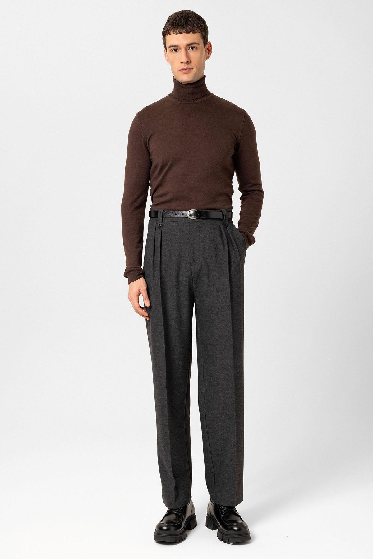 Antioch-Antrasit Çift Pileli Yüksek Bel Erkek Pantolon-Kumaş Pantolon-3-Milagron.com