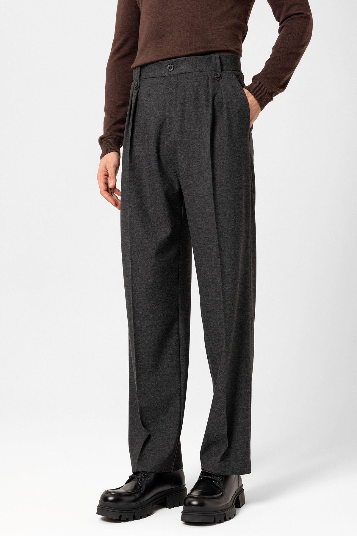 Antioch-Antrasit Çift Pileli Yüksek Bel Erkek Pantolon-Kumaş Pantolon-4-Milagron.com