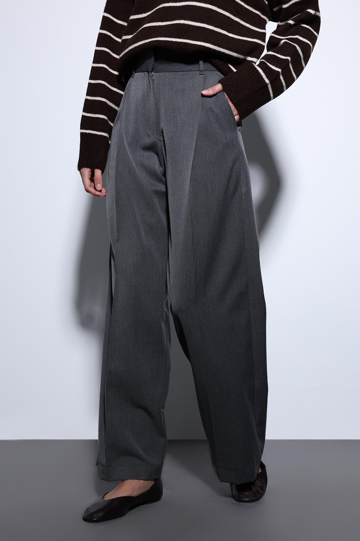 Antioch-Antioch Antrasit Geniş Paça Kadın Pantolon-Kumaş Pantolon-3-Milagron.com