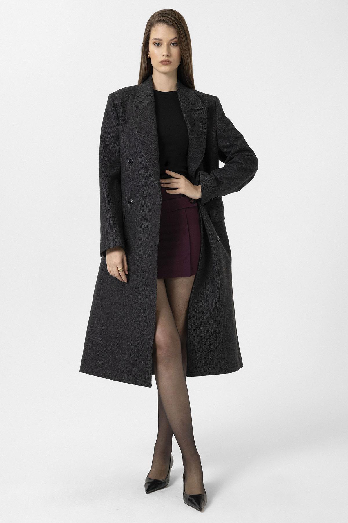 Antioch-Antrasit Kadın Balıksırtı Desenli Kruvaze Kaban-Kaban-1-Milagron.com