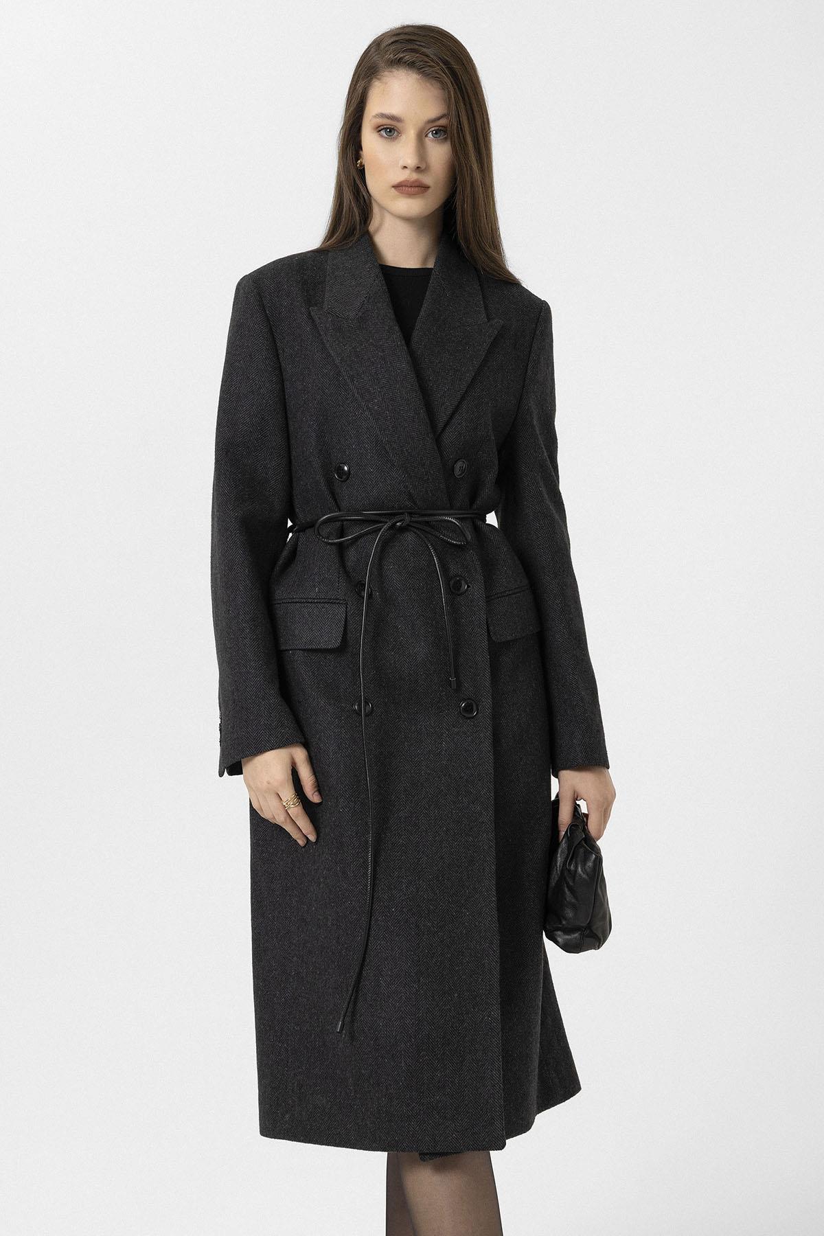 Antioch-Antrasit Kadın Balıksırtı Desenli Kruvaze Kaban-Kaban-2-Milagron.com