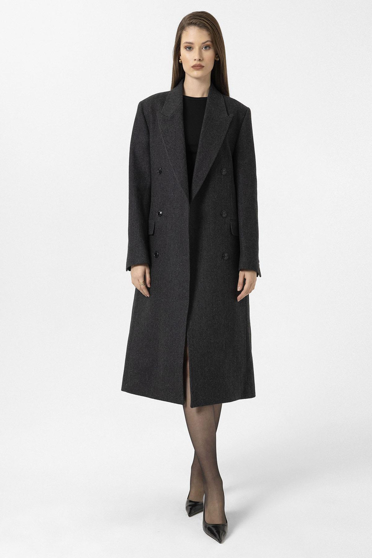 Antioch-Antrasit Kadın Balıksırtı Desenli Kruvaze Kaban-Kaban-3-Milagron.com