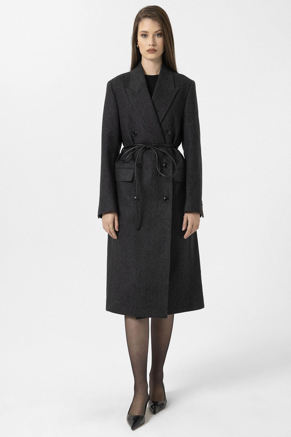 Antioch-Antrasit Kadın Balıksırtı Desenli Kruvaze Kaban-Kaban-4-Milagron.com