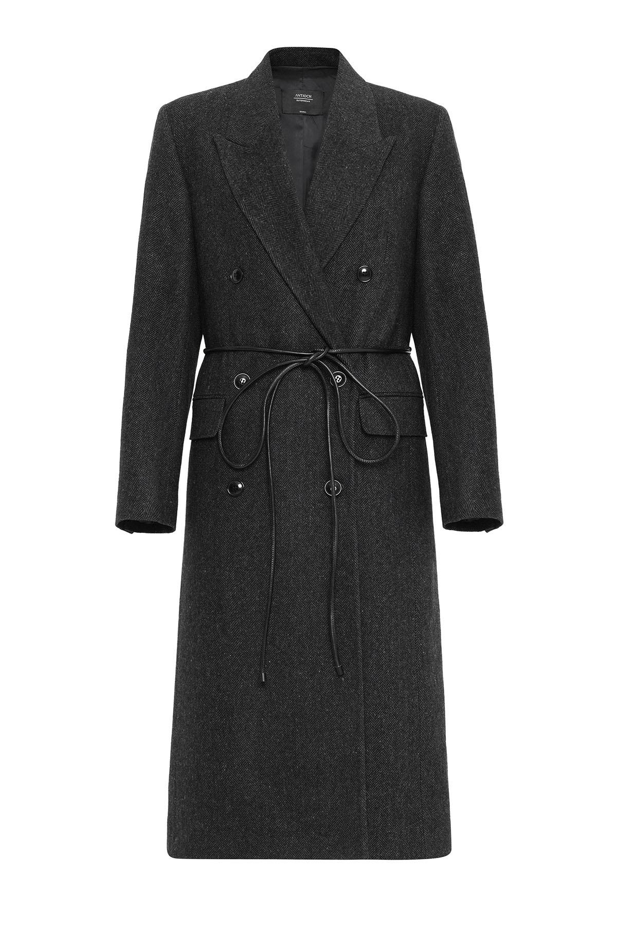 Antioch-Antrasit Kadın Balıksırtı Desenli Kruvaze Kaban-Kaban-7-Milagron.com