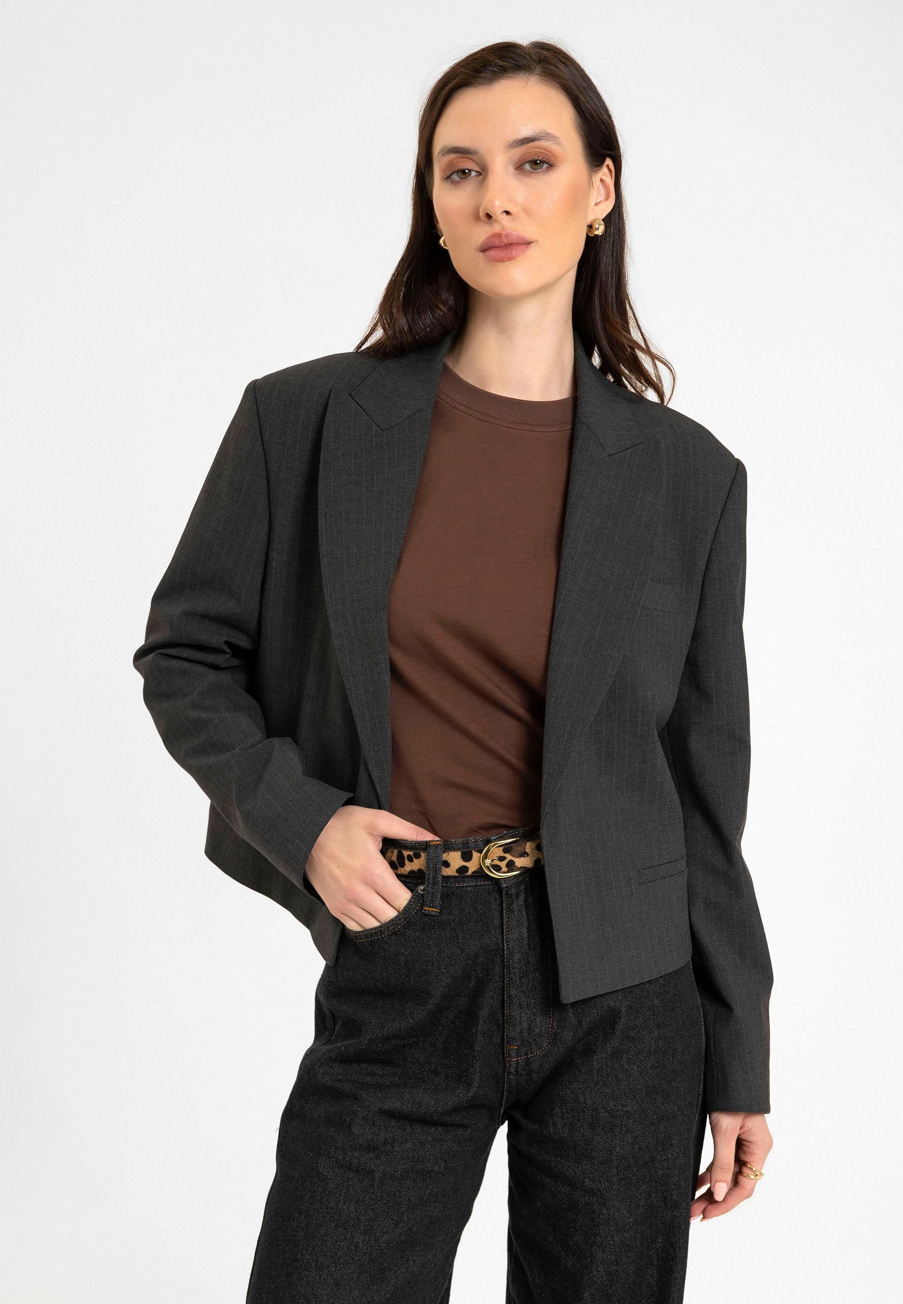 Antioch-Antrasit Kadın İnce Çizgili Crop Blazer Ceket-Ceket-2-Milagron.com