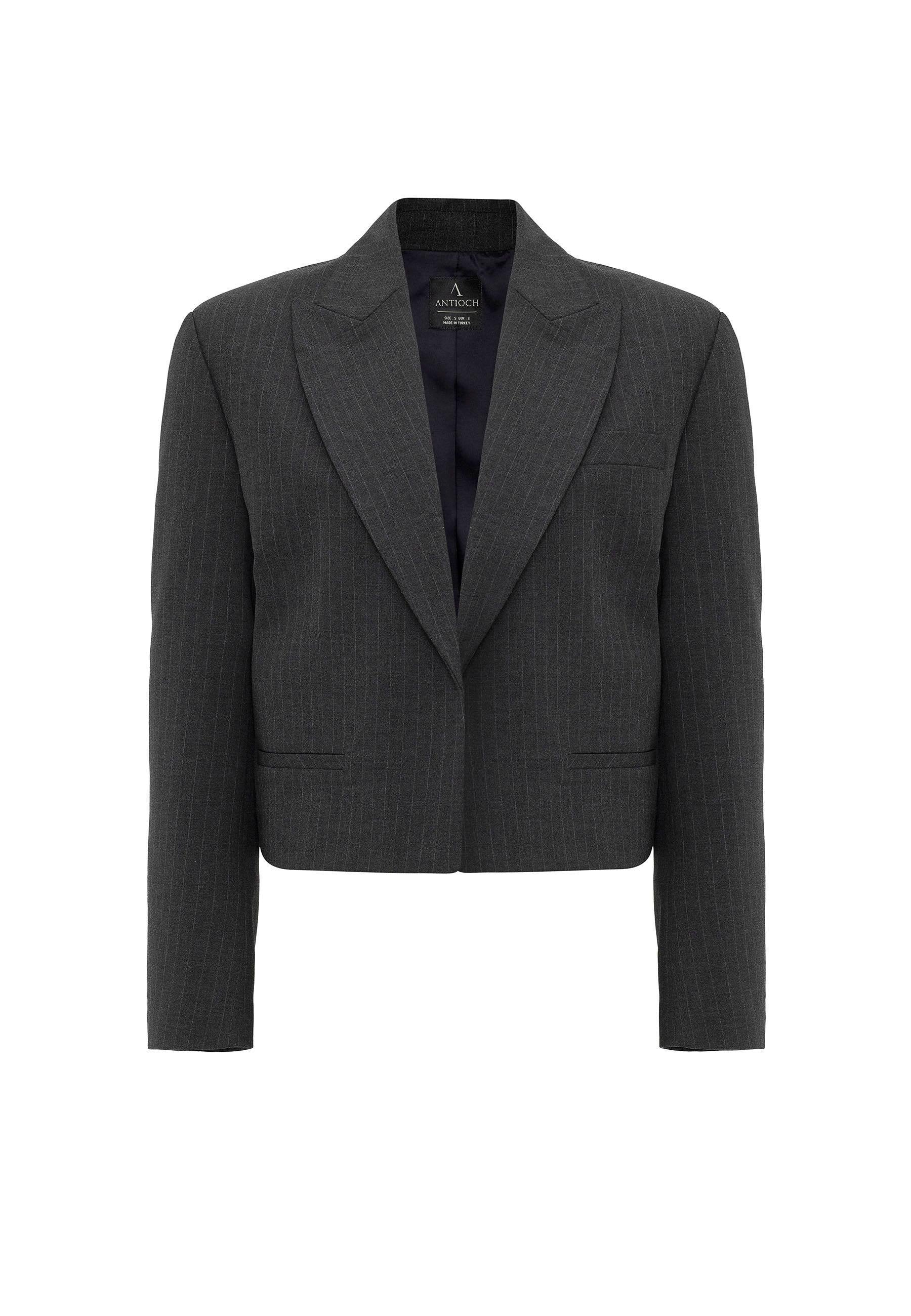Antioch-Antrasit Kadın İnce Çizgili Crop Blazer Ceket-Ceket-7-Milagron.com