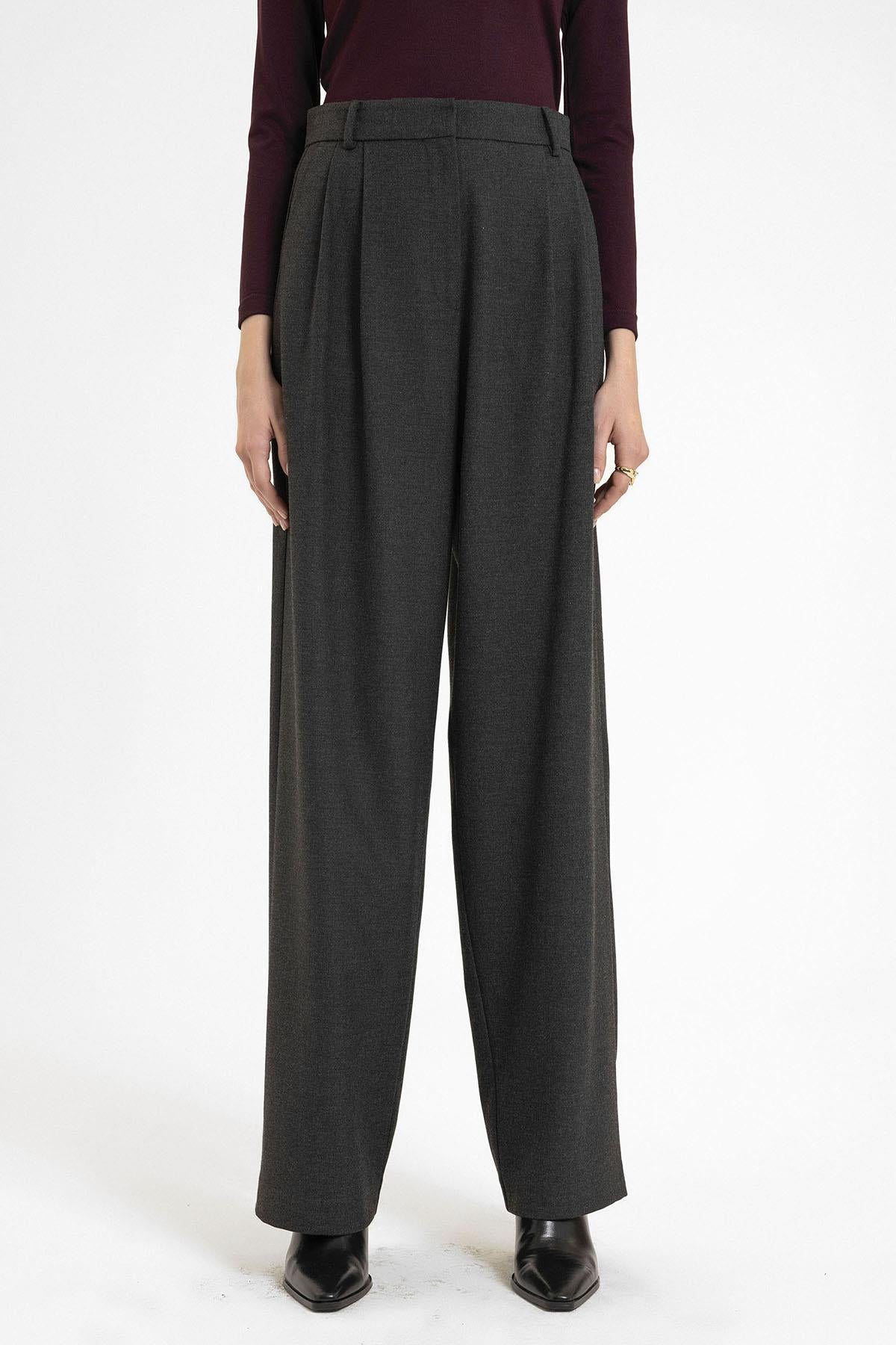 Antioch-Antrasit Kadın Yüksek Bel Pens Detaylı Straight Fit Pantolon-Kumaş Pantolon-1-Milagron.com