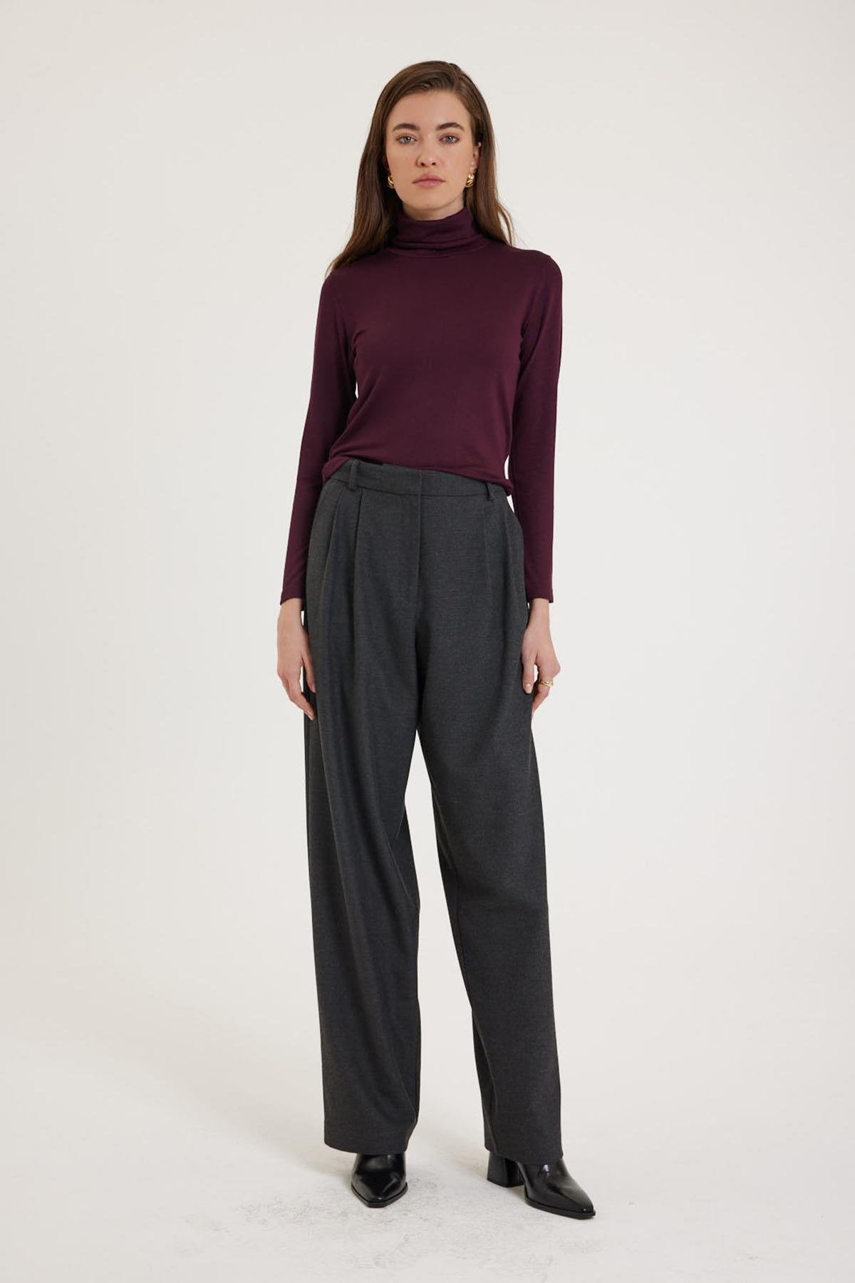 Antioch-Antrasit Kadın Yüksek Bel Pens Detaylı Straight Fit Pantolon-Kumaş Pantolon-4-Milagron.com