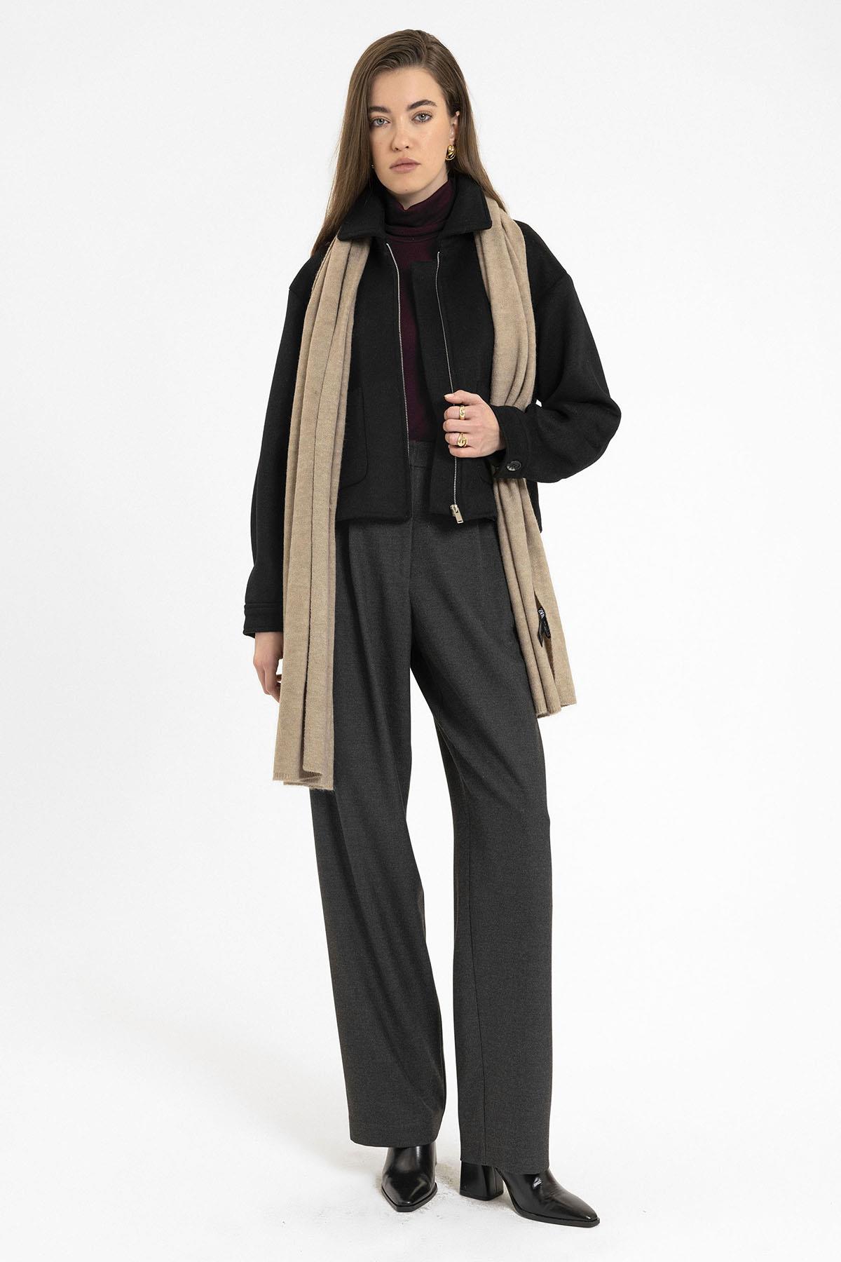 Antioch-Antrasit Kadın Yüksek Bel Pens Detaylı Straight Fit Pantolon-Kumaş Pantolon-5-Milagron.com