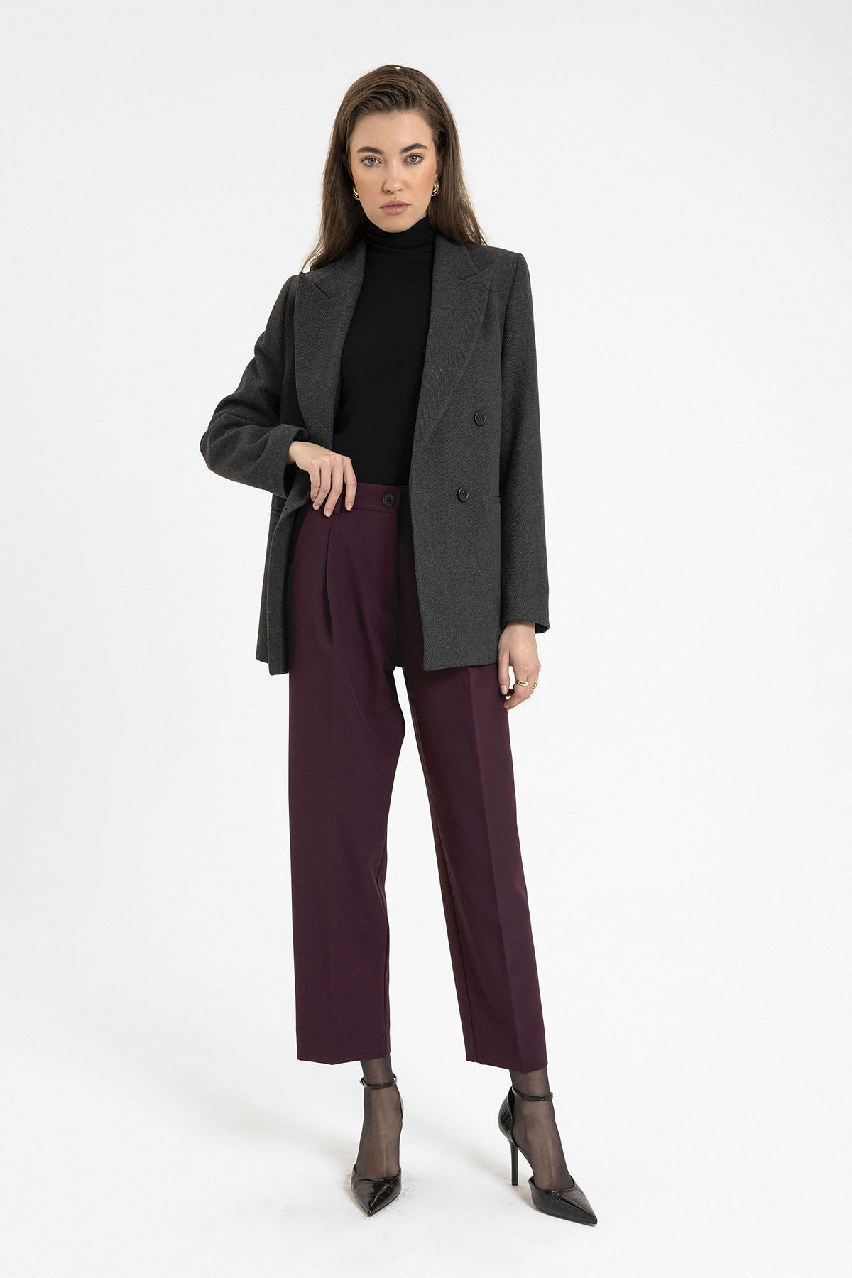 Antioch-Antrasit Kadın Yün Karışımlı Balıksırtı Desenli Blazer Ceket-Ceket-1-Milagron.com