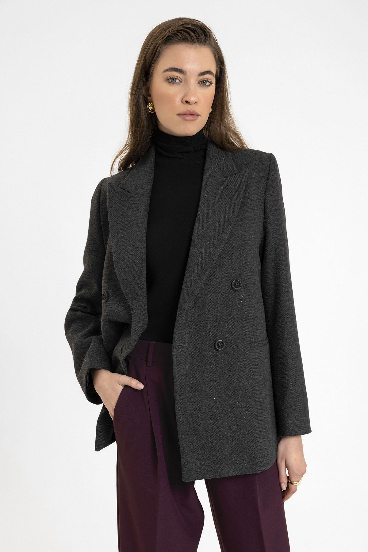 Antioch-Antrasit Kadın Yün Karışımlı Balıksırtı Desenli Blazer Ceket-Ceket-2-Milagron.com