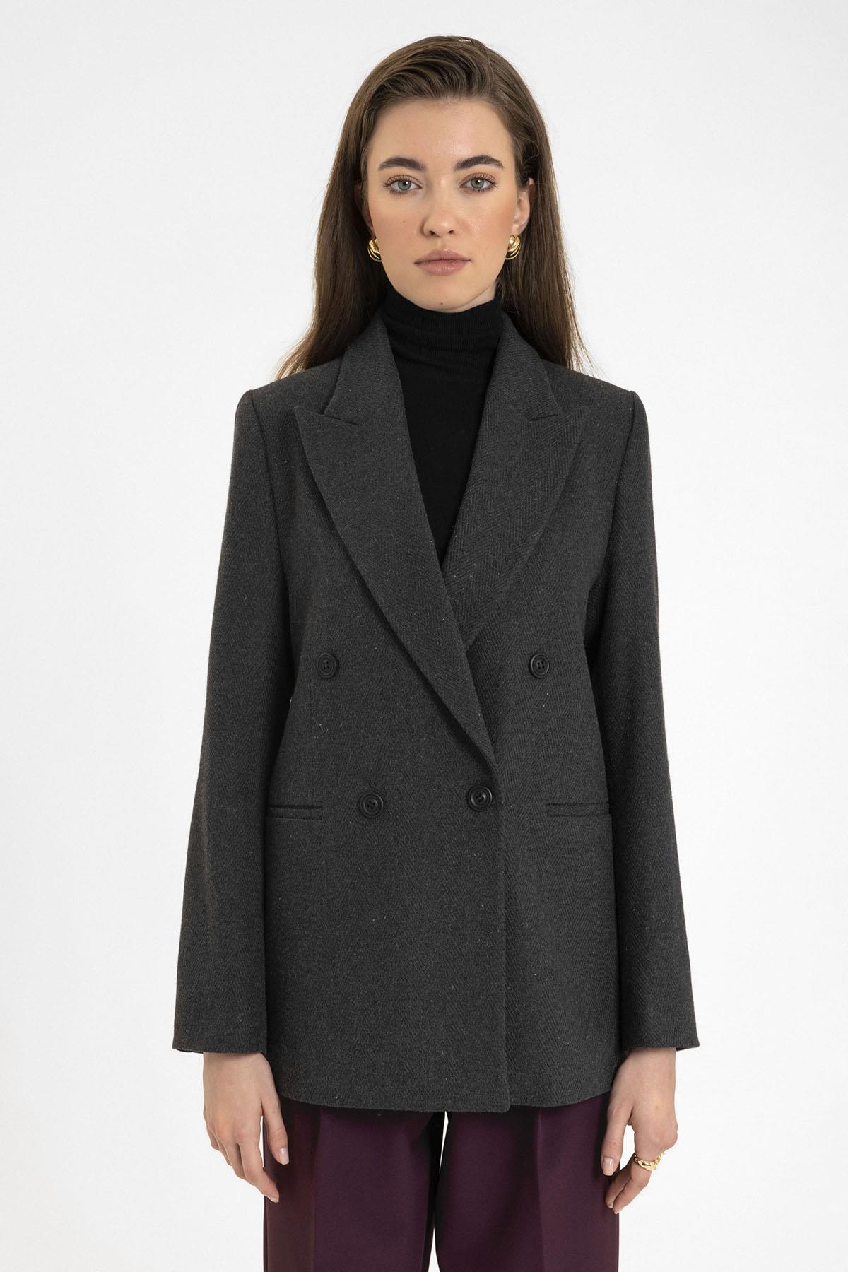 Antioch-Antrasit Kadın Yün Karışımlı Balıksırtı Desenli Blazer Ceket-Ceket-3-Milagron.com