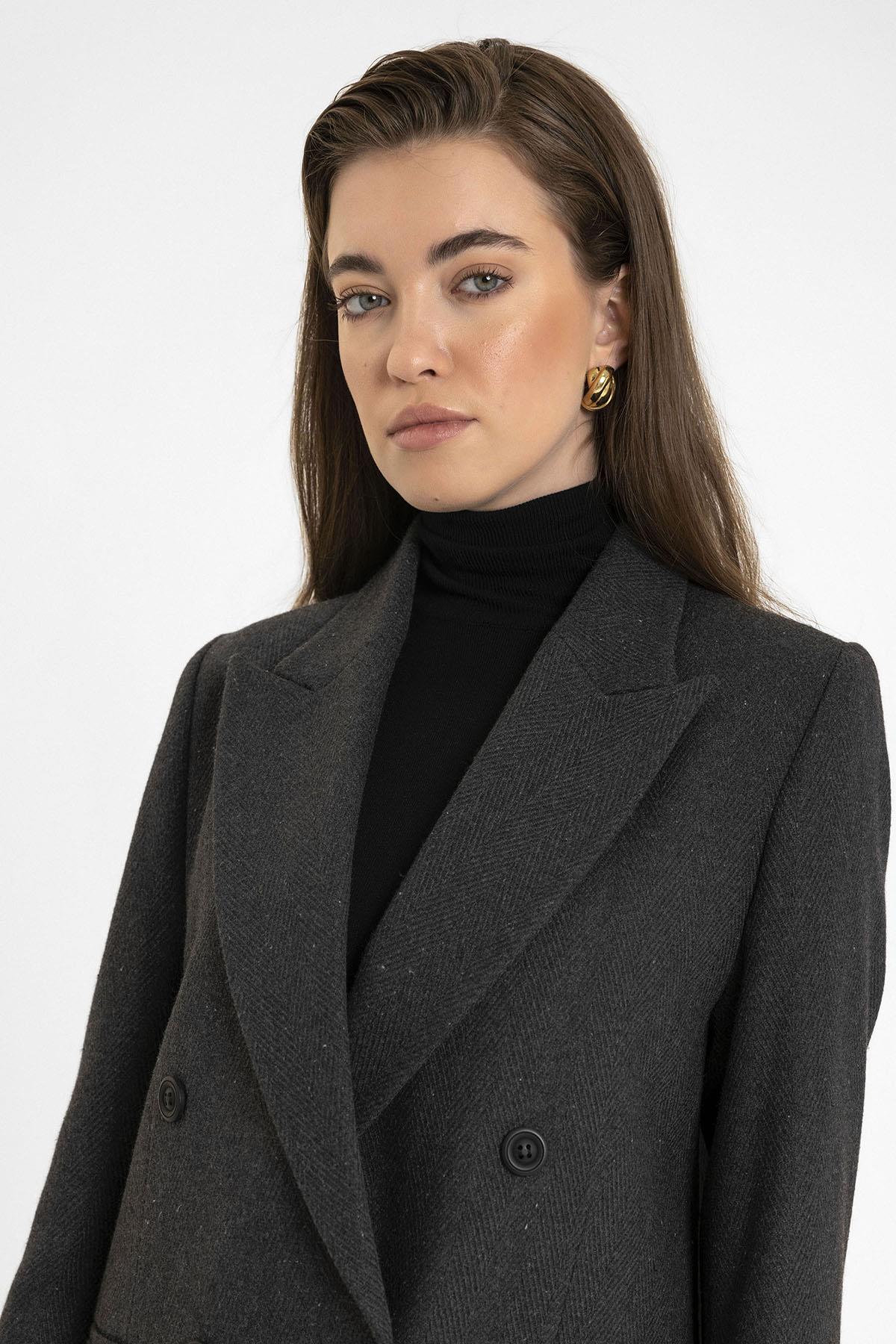 Antioch-Antrasit Kadın Yün Karışımlı Balıksırtı Desenli Blazer Ceket-Ceket-4-Milagron.com