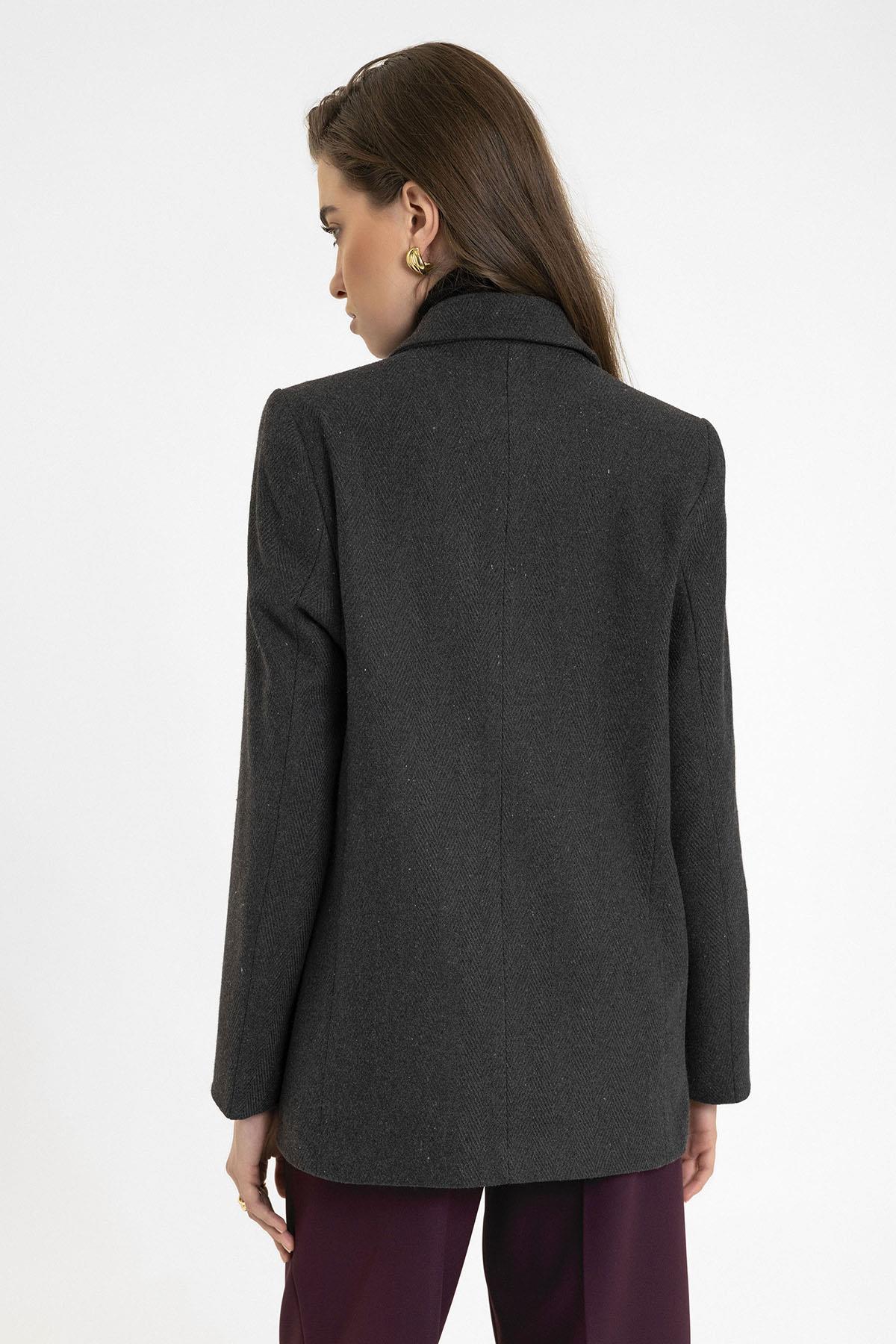 Antioch-Antrasit Kadın Yün Karışımlı Balıksırtı Desenli Blazer Ceket-Ceket-5-Milagron.com