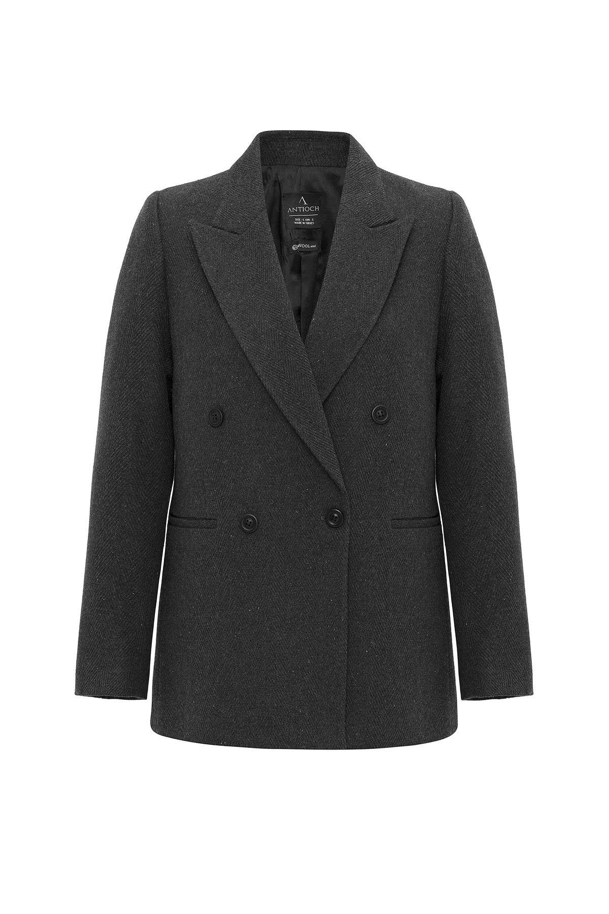 Antioch-Antrasit Kadın Yün Karışımlı Balıksırtı Desenli Blazer Ceket-Ceket-6-Milagron.com