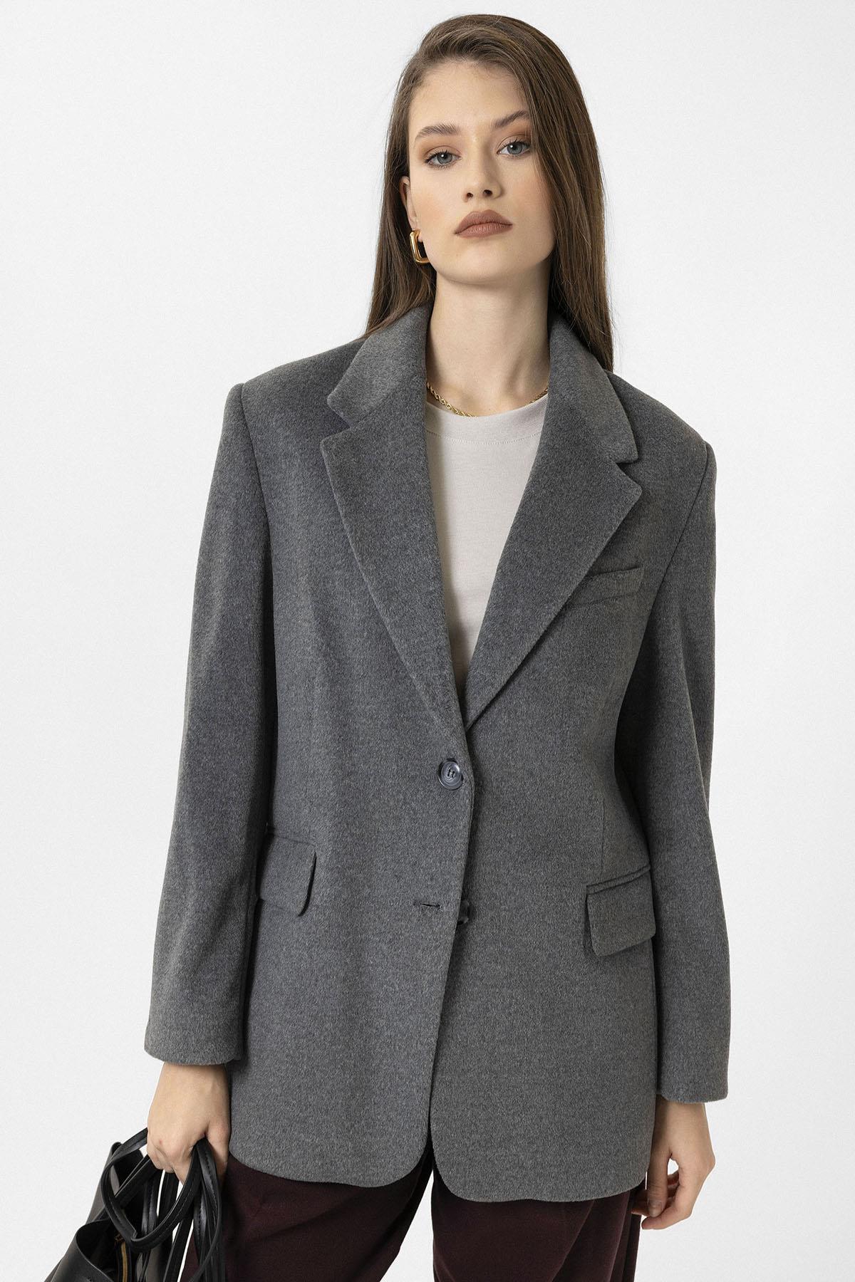 Antioch-Antrasit Kadın Yün Karışımlı Blazer Ceket-Ceket-1-Milagron.com