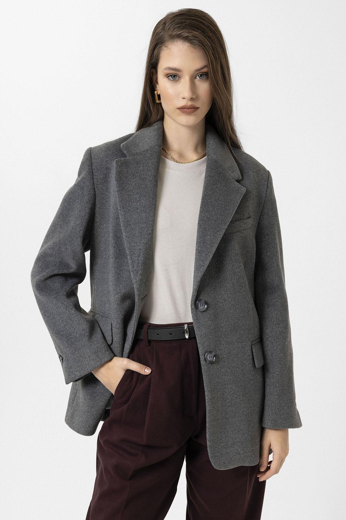 Antioch-Antrasit Kadın Yün Karışımlı Blazer Ceket-Ceket-2-Milagron.com