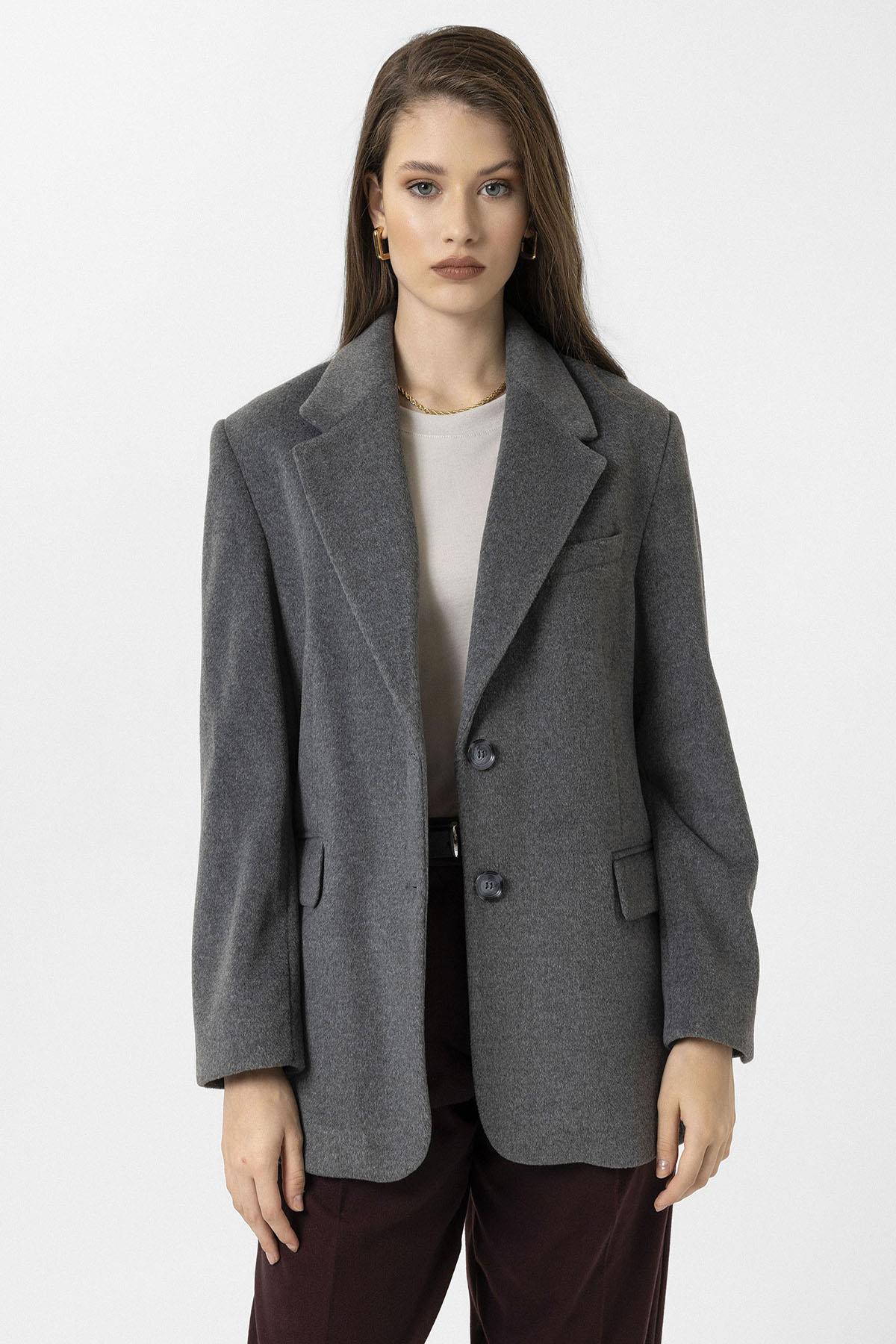 Antioch-Antrasit Kadın Yün Karışımlı Blazer Ceket-Ceket-4-Milagron.com