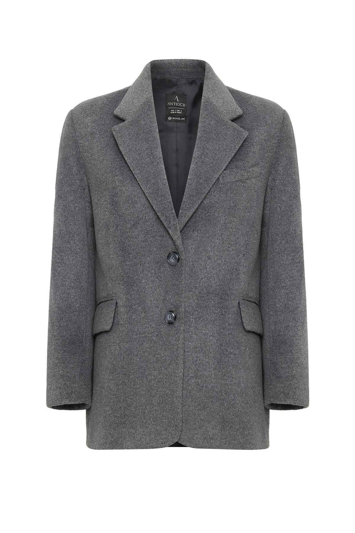 Antioch-Antrasit Kadın Yün Karışımlı Blazer Ceket-Ceket-7-Milagron.com