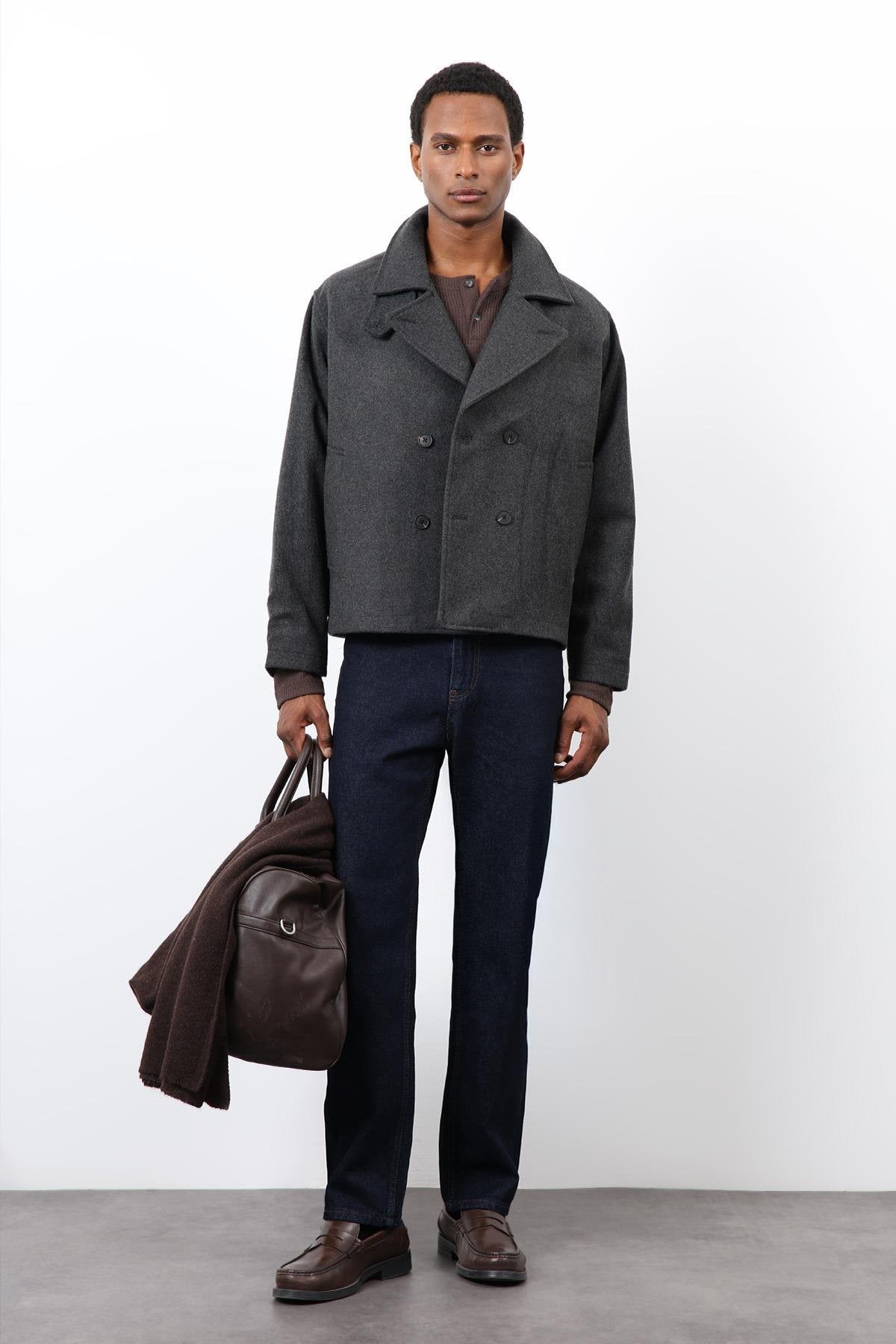 Antioch-Antrasit Kruvaze Kapama Kısa Erkek Kaban-Kaban-1-Milagron.com