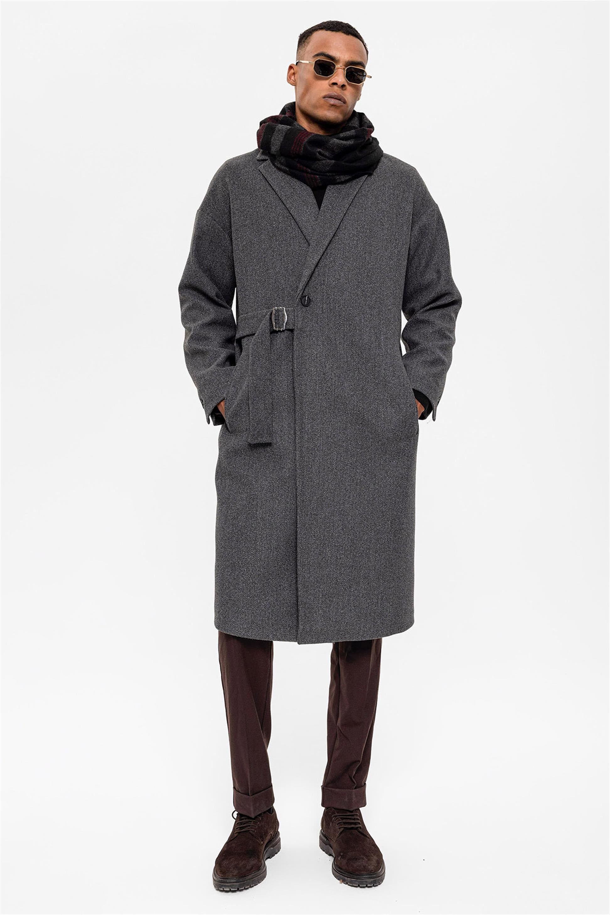 Antioch-Antrasit Kuşaklı Oversize Erkek Kaban-Kaban-1-Milagron.com