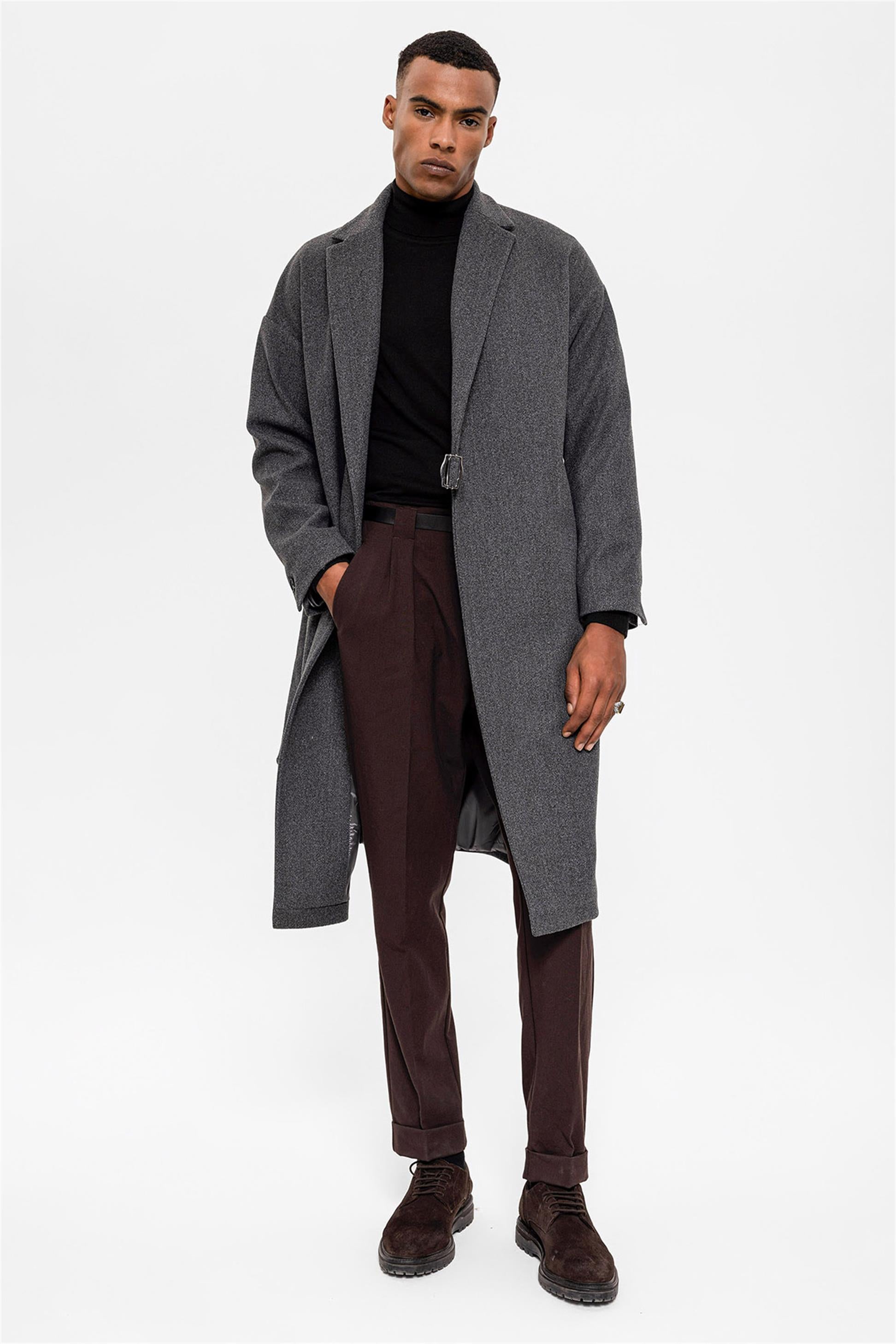 Antioch-Antrasit Kuşaklı Oversize Erkek Kaban-Kaban-2-Milagron.com
