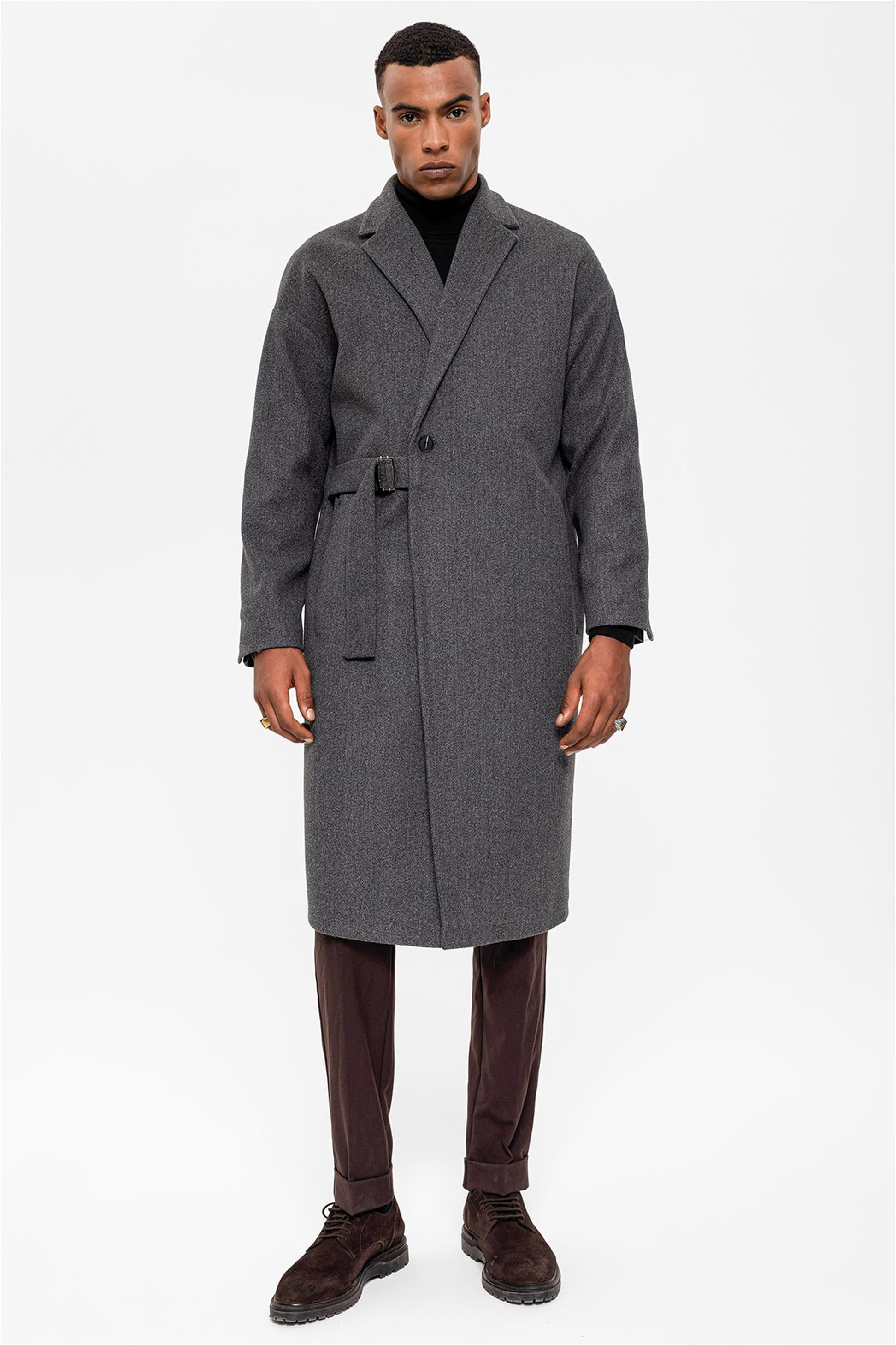 Antioch-Antrasit Kuşaklı Oversize Erkek Kaban-Kaban-4-Milagron.com