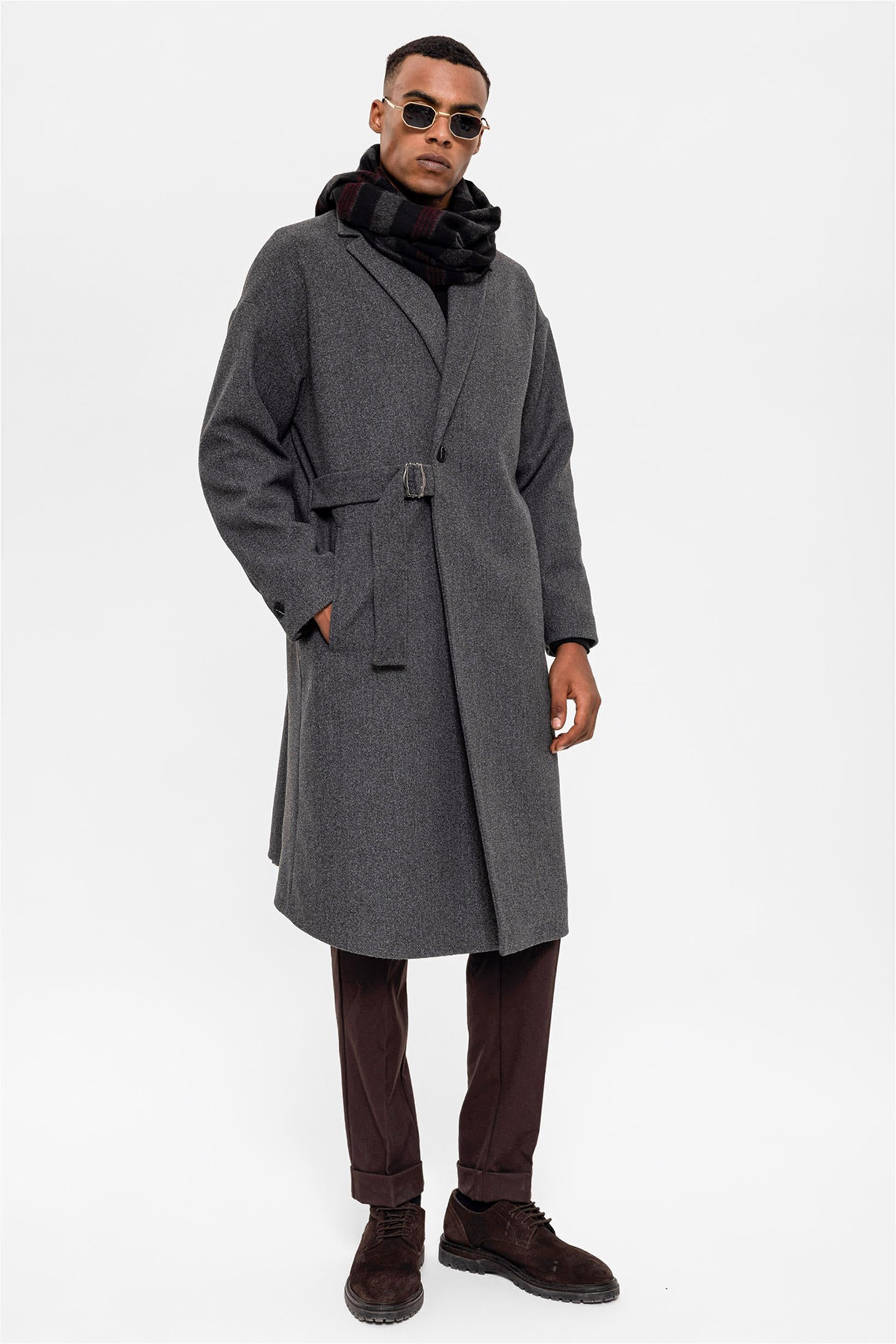 Antioch-Antrasit Kuşaklı Oversize Erkek Kaban-Kaban-6-Milagron.com