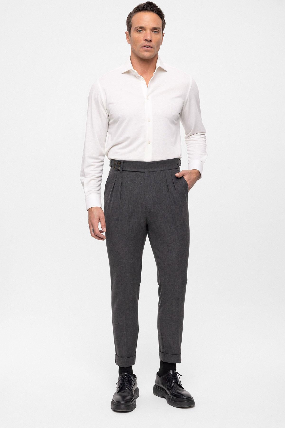 Antioch-Antrasit Yüksek Bel (Boyfriend) Yandan Tokalı Kemer Detaylı Pileli Kumaş Pantolon-Pantolon-1-Milagron.com