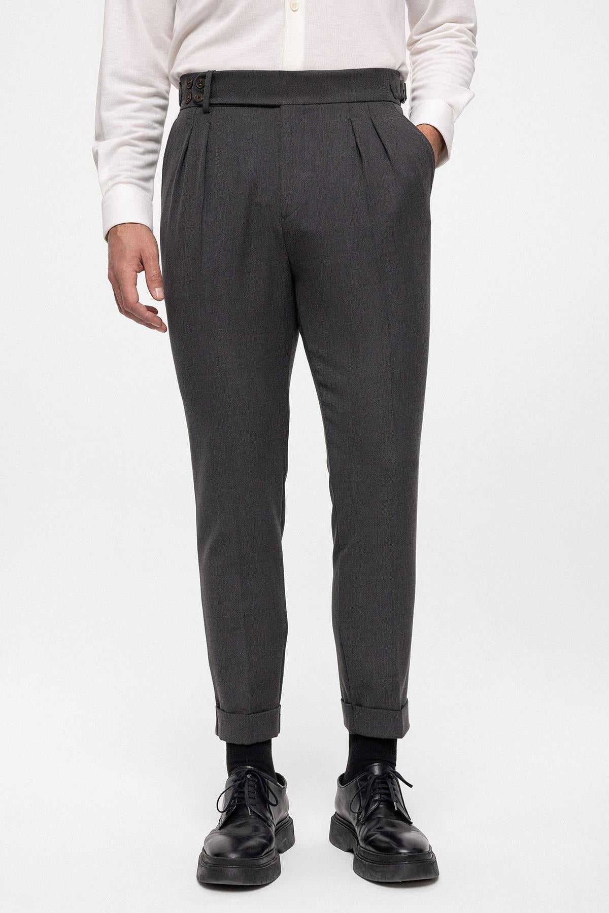 Antioch-Antrasit Yüksek Bel (Boyfriend) Yandan Tokalı Kemer Detaylı Pileli Kumaş Pantolon-Pantolon-2-Milagron.com