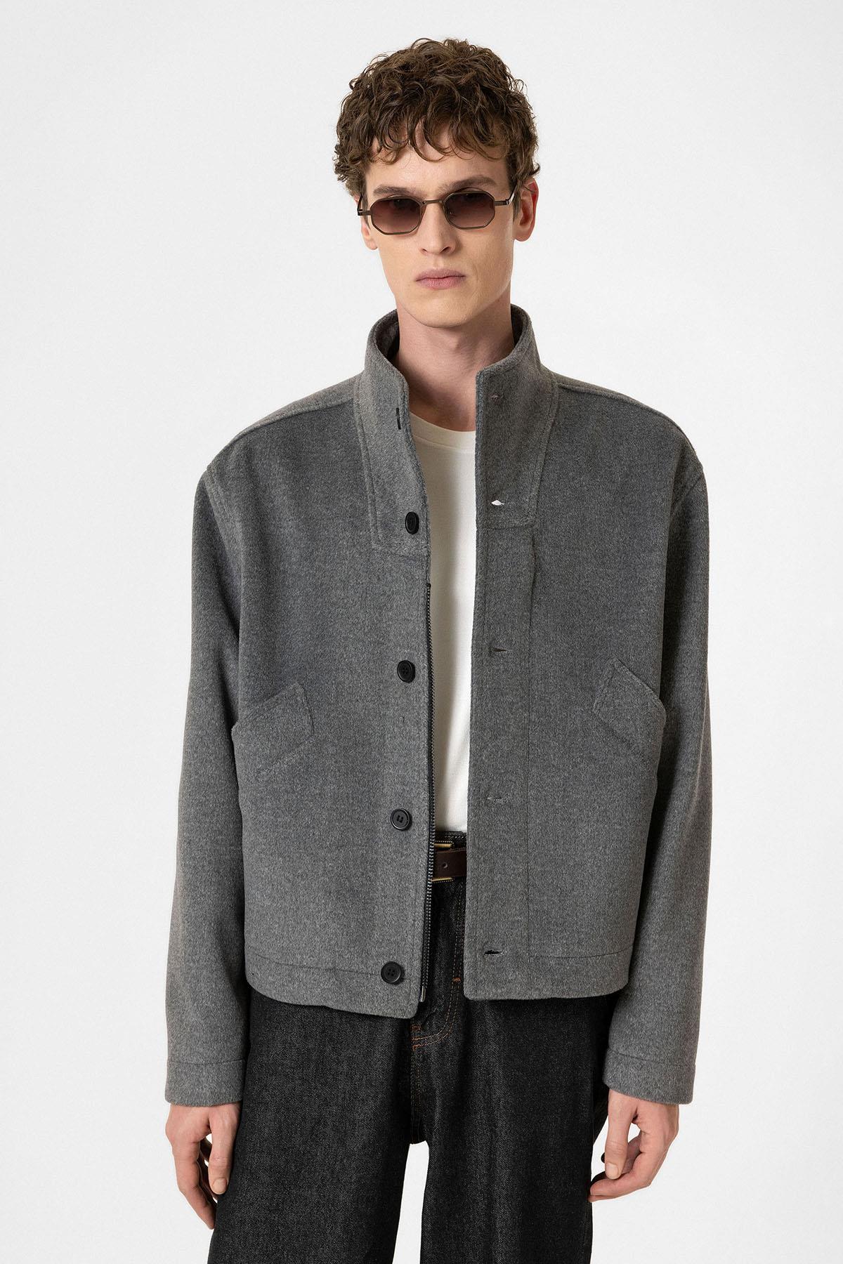 Antioch-Antrasit Yün Karışımlı Dik Yaka Erkek Mont-Mont-1-Milagron.com