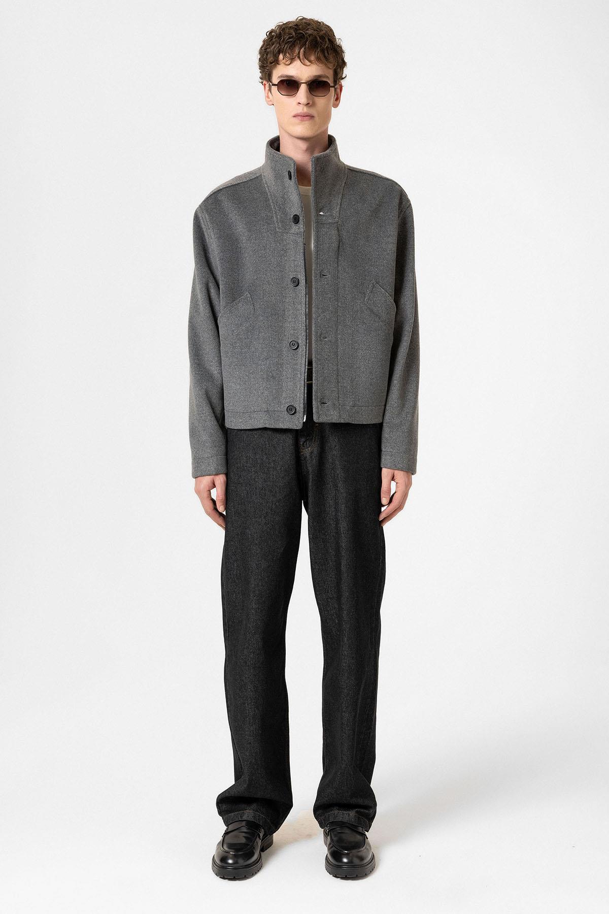 Antioch-Antrasit Yün Karışımlı Dik Yaka Erkek Mont-Mont-2-Milagron.com