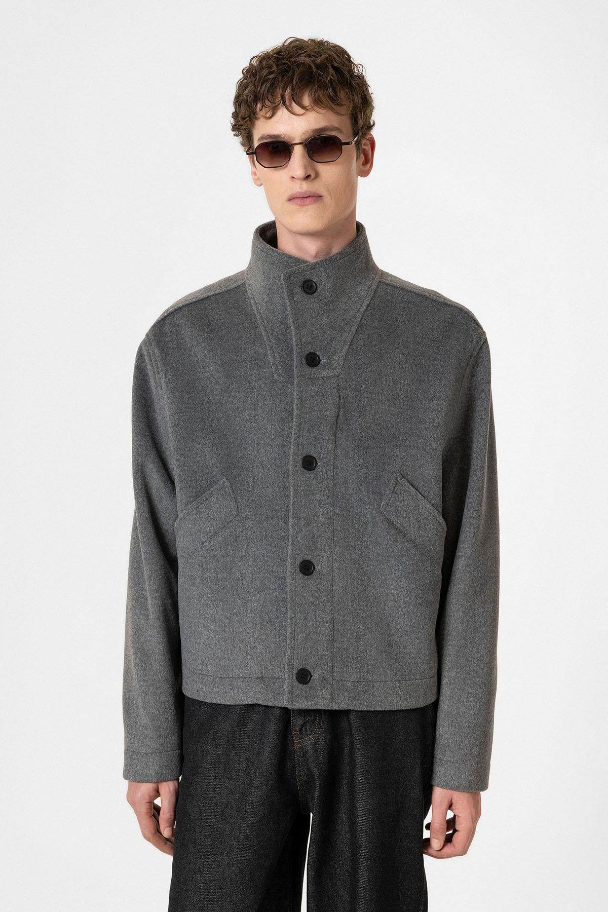 Antioch-Antrasit Yün Karışımlı Dik Yaka Erkek Mont-Mont-3-Milagron.com