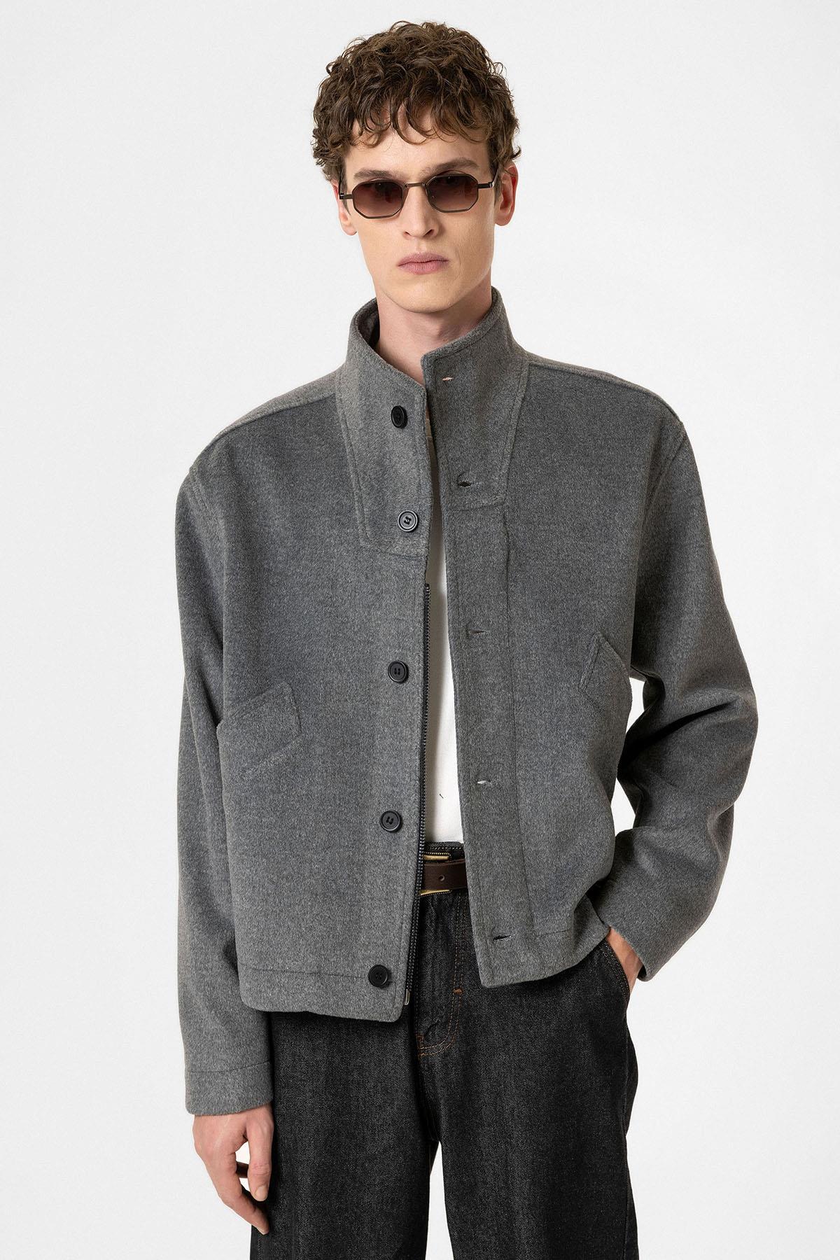 Antioch-Antrasit Yün Karışımlı Dik Yaka Erkek Mont-Mont-4-Milagron.com