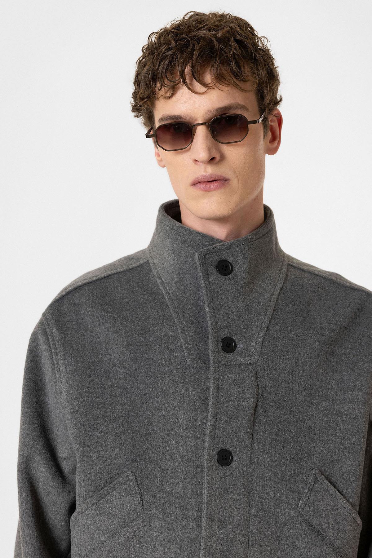 Antioch-Antrasit Yün Karışımlı Dik Yaka Erkek Mont-Mont-5-Milagron.com