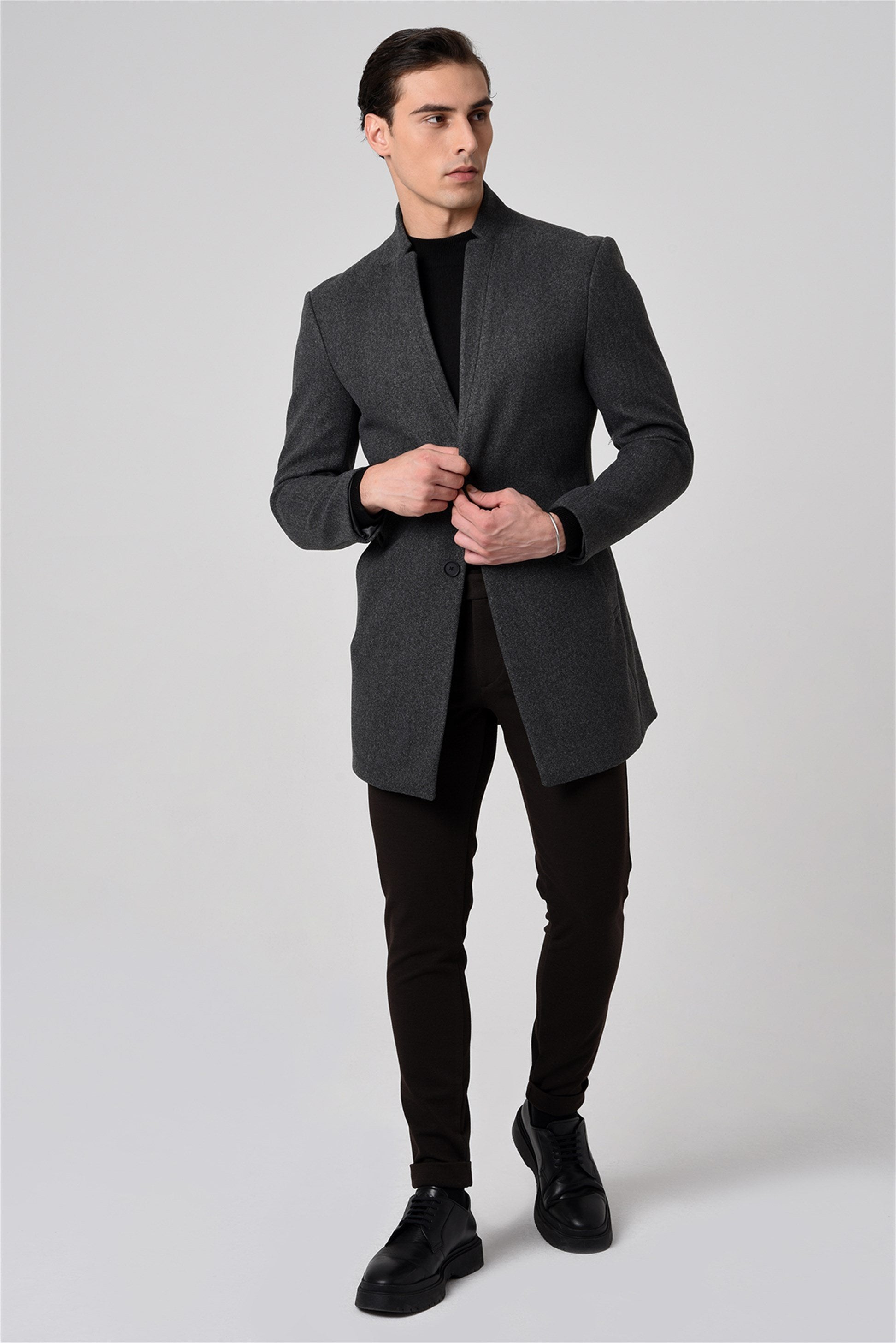 Antioch-Antrasit Yün Karışımlı Erkek Kaşe Kaban-Kaban-1-Milagron.com