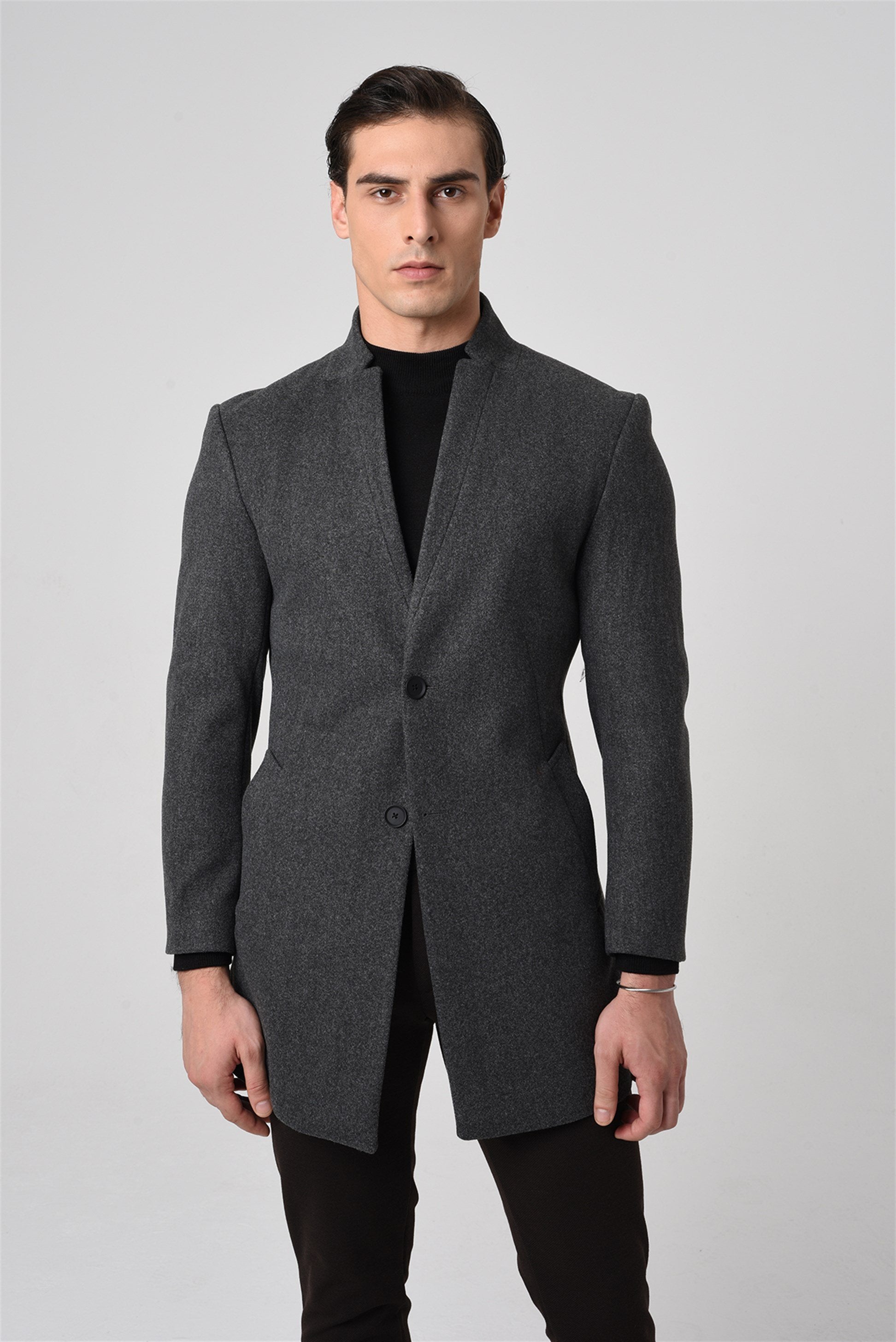 Antioch-Antrasit Yün Karışımlı Erkek Kaşe Kaban-Kaban-2-Milagron.com