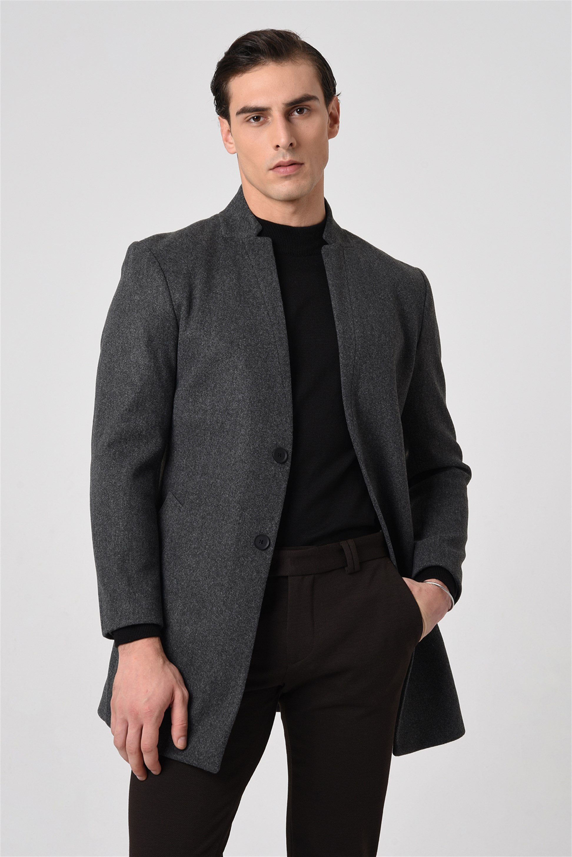 Antioch-Antrasit Yün Karışımlı Erkek Kaşe Kaban-Kaban-3-Milagron.com