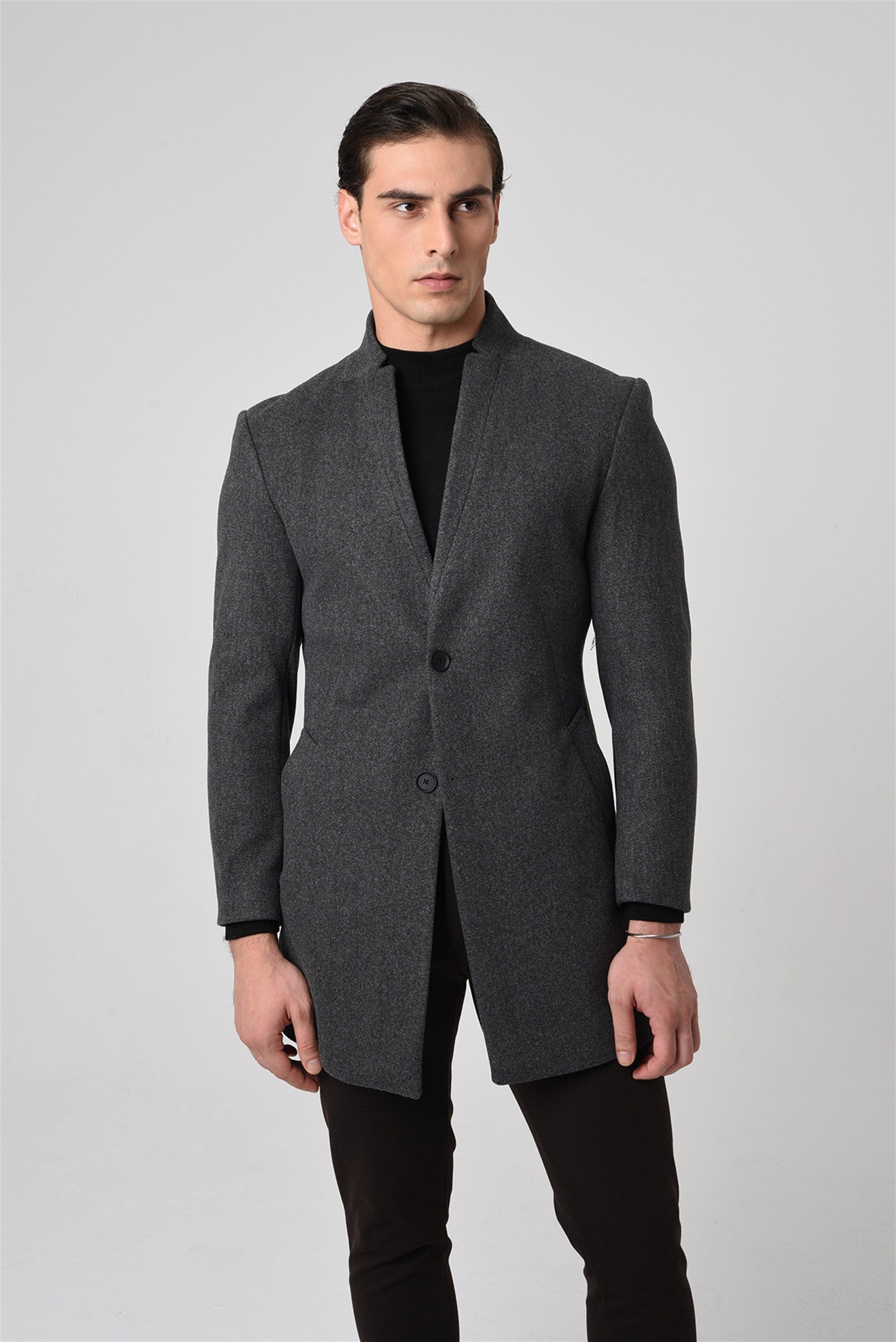 Antioch-Antrasit Yün Karışımlı Erkek Kaşe Kaban-Kaban-4-Milagron.com