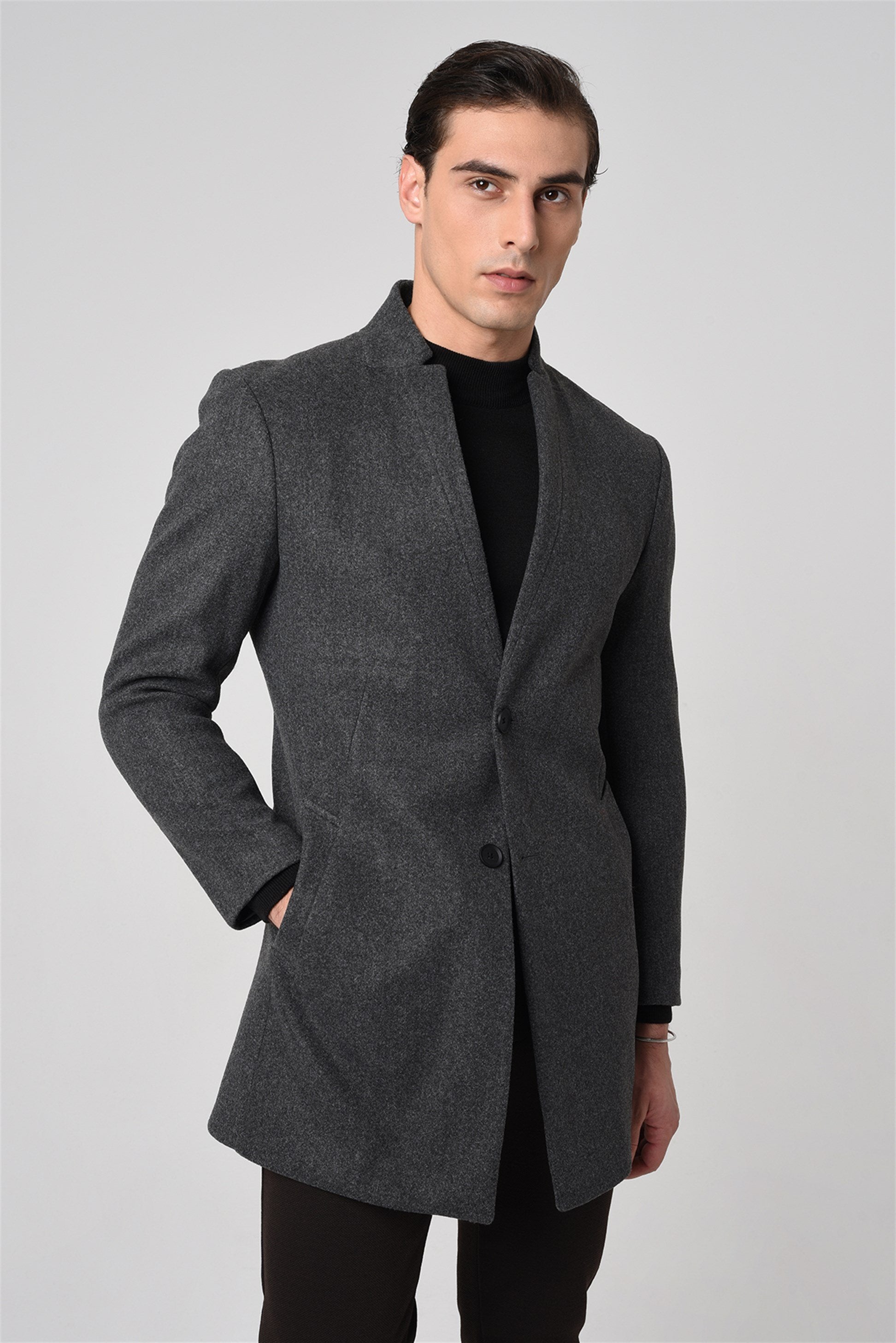 Antioch-Antrasit Yün Karışımlı Erkek Kaşe Kaban-Kaban-5-Milagron.com