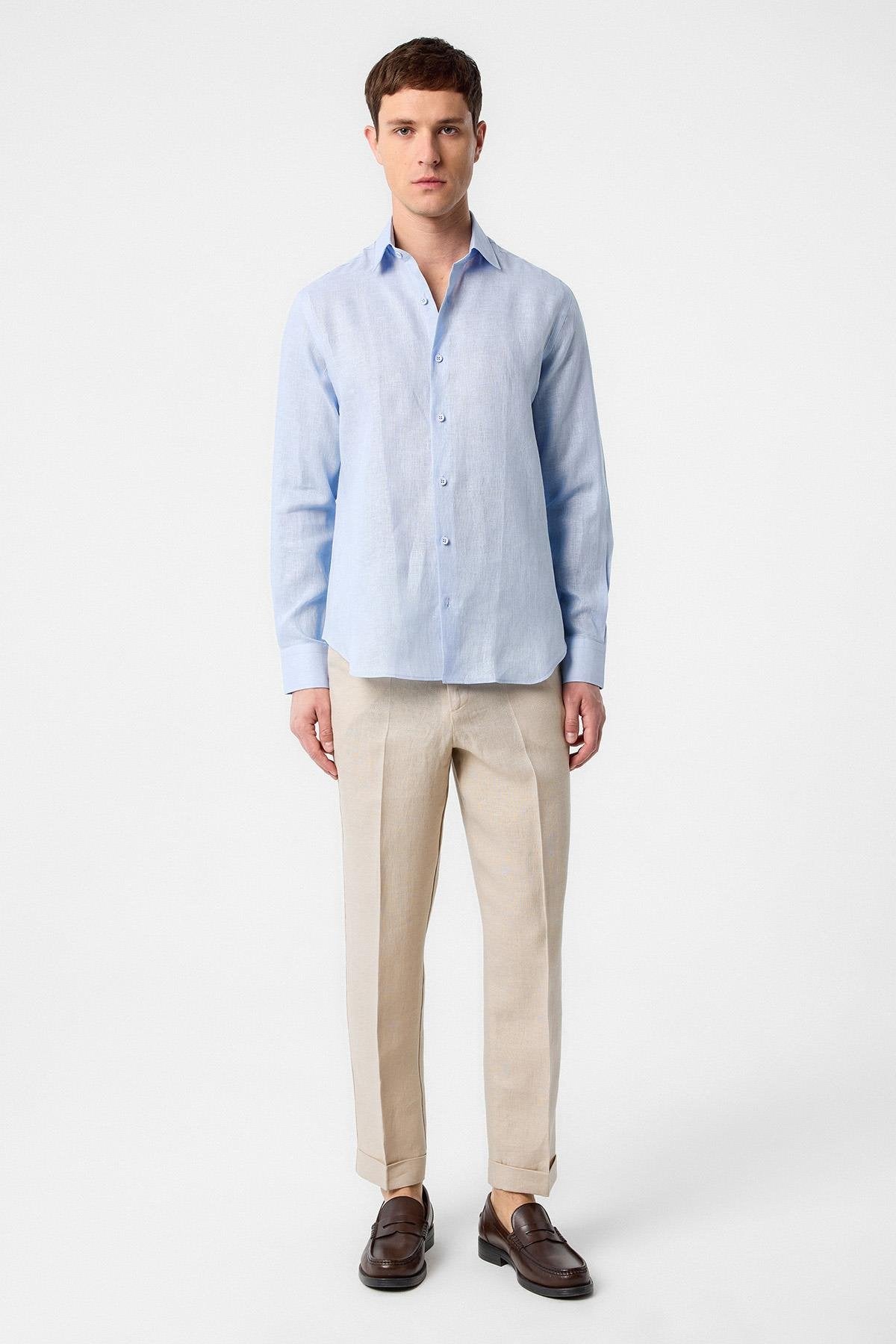 Antioch-Bebe Mavi 100% Keten Comfort Fit Erkek Gömlek-Gömlek-2-Milagron.com