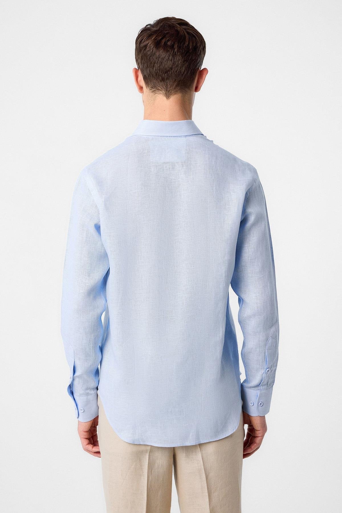 Antioch-Bebe Mavi 100% Keten Comfort Fit Erkek Gömlek-Gömlek-4-Milagron.com