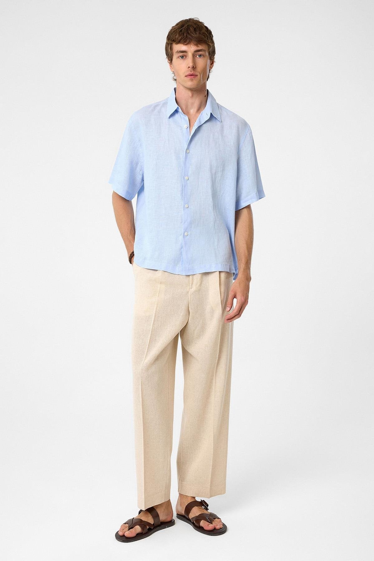 Antioch-Bebe Mavi 100% Keten Relaxed Erkek Gömlek-Gömlek-5-Milagron.com