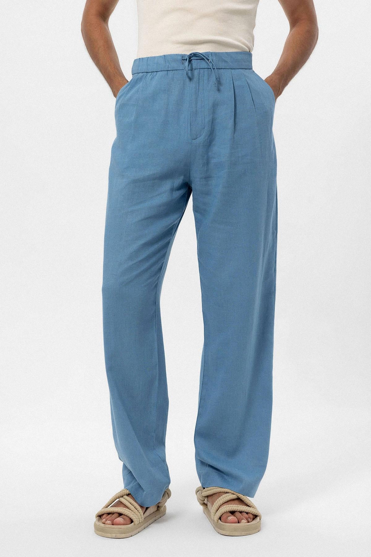 Antioch-Bebe Mavi Bel Bağlamalı Keten Karışımlı Baggy Erkek Pantolon-Pantolon-3-Milagron.com