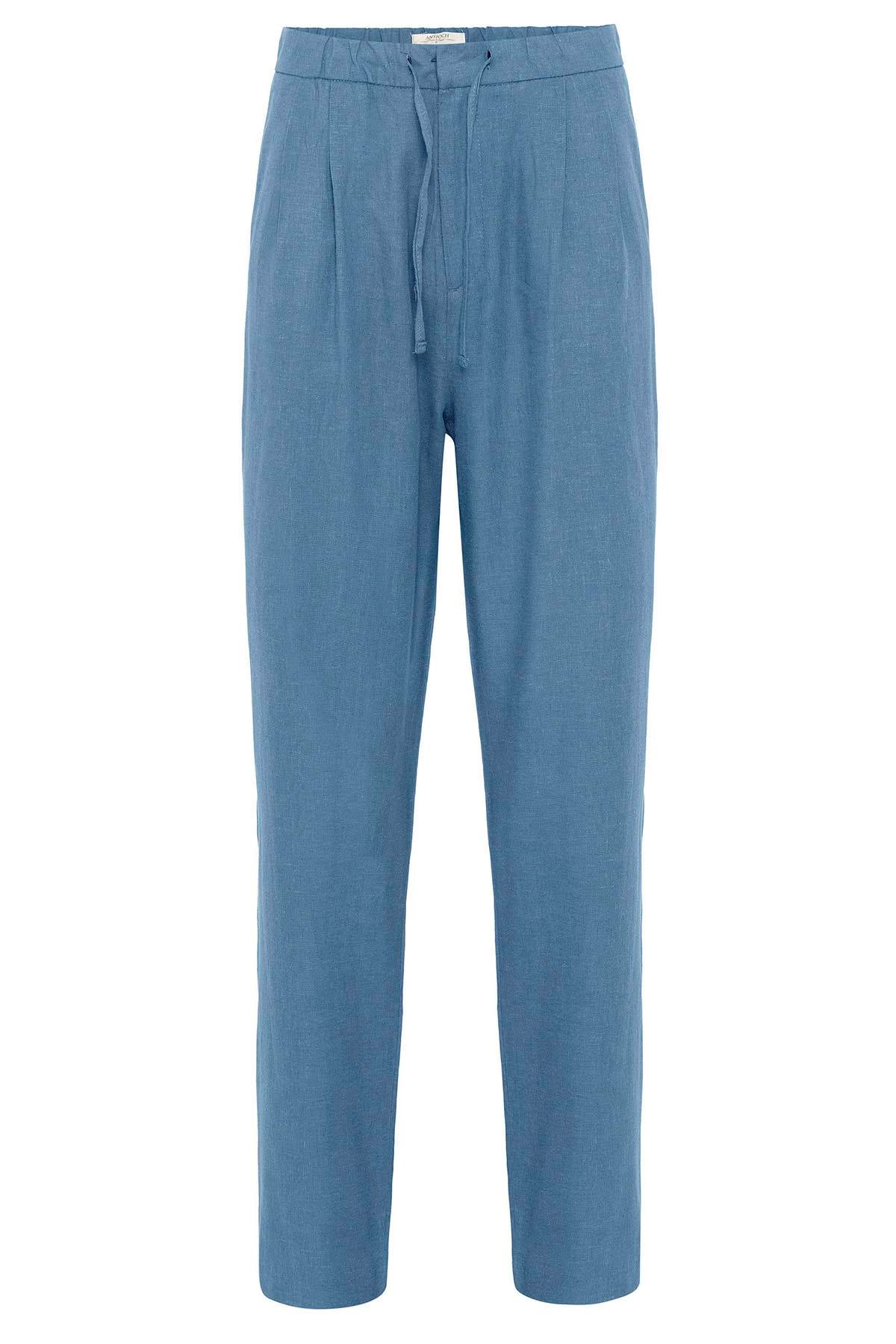 Antioch-Bebe Mavi Bel Bağlamalı Keten Karışımlı Baggy Erkek Pantolon-Pantolon-6-Milagron.com